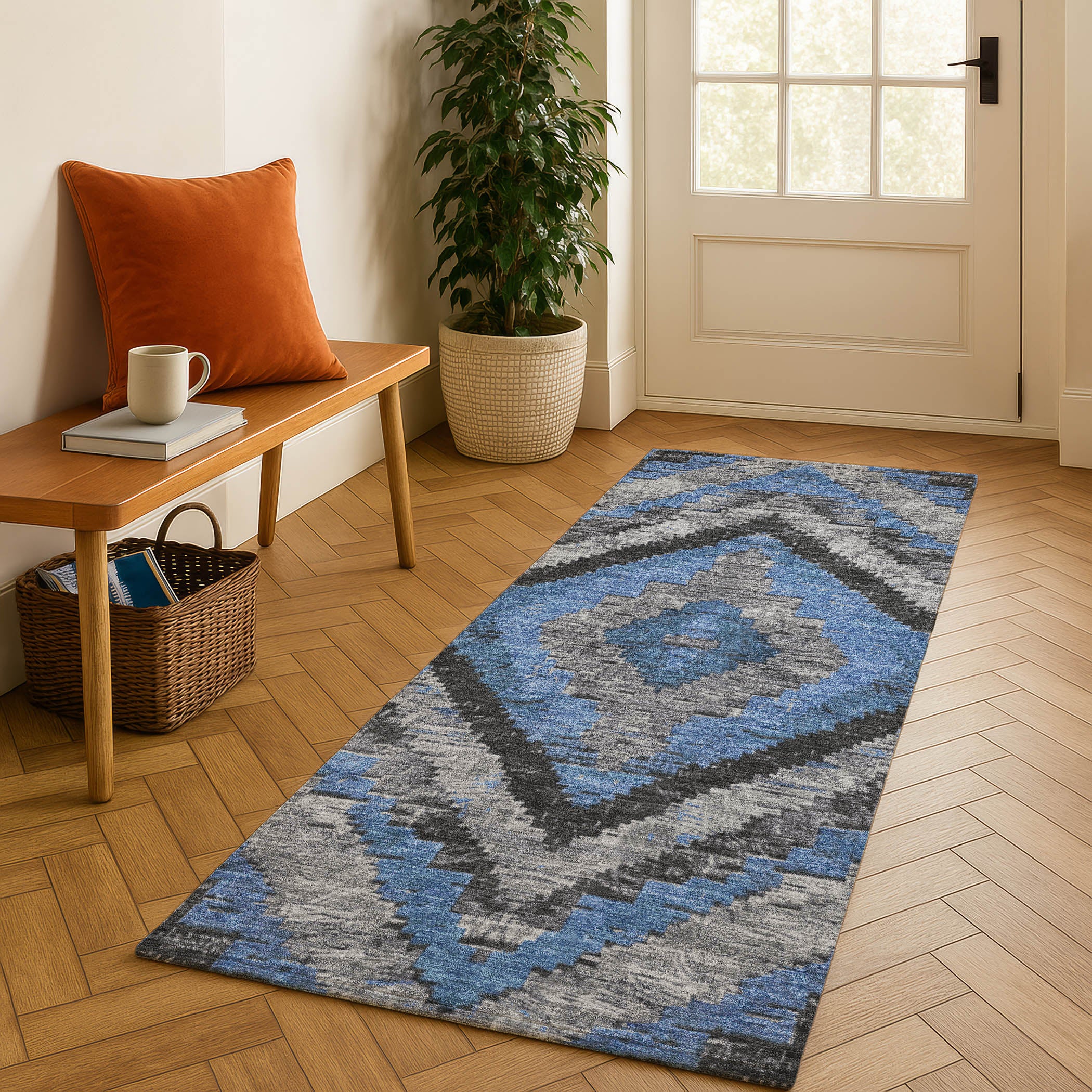 Porto Machine Washable Transitional Blue Rug 2'3" x 7'6" #shape_Runner