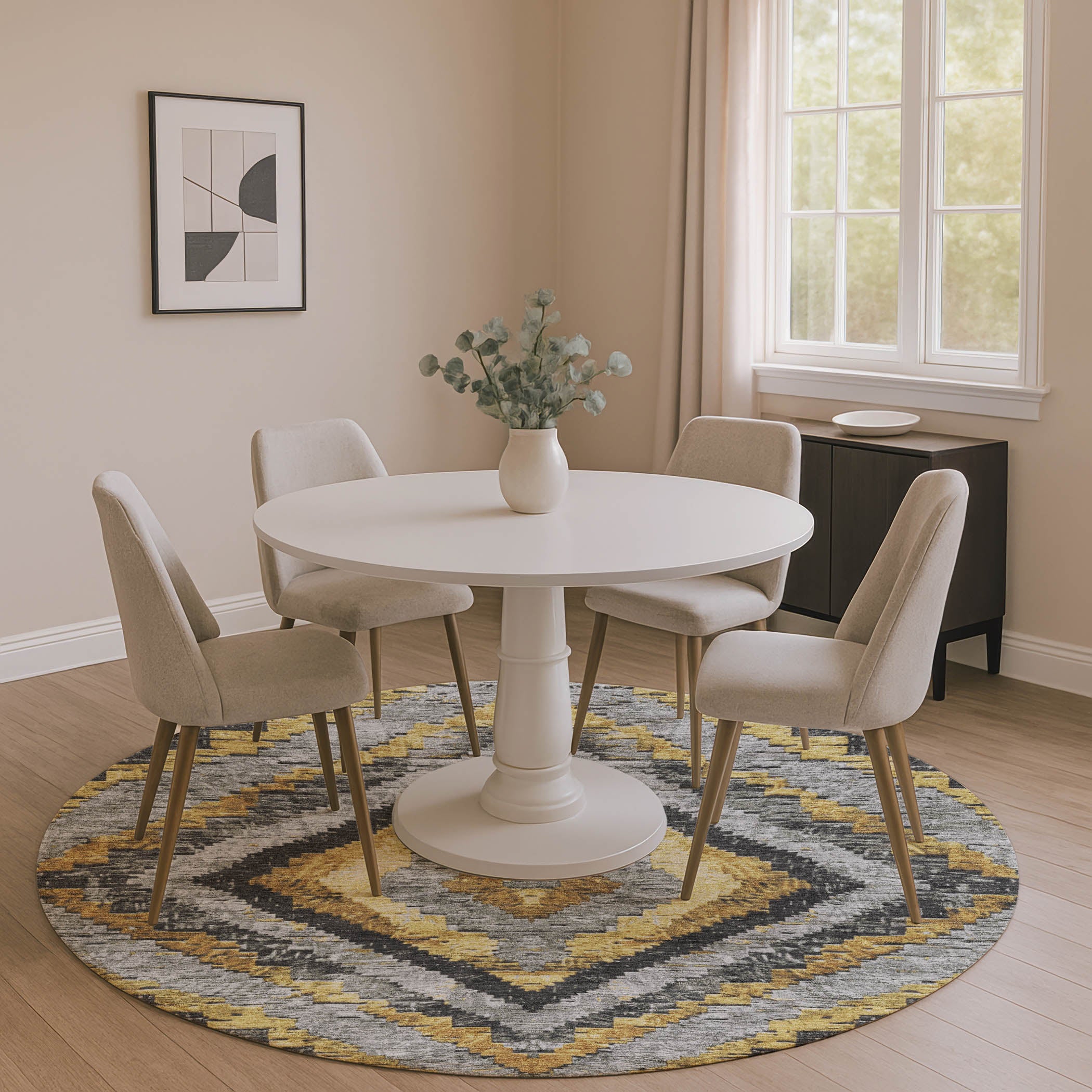 Porto Machine Washable Transitional Gold Rug 8' x 8' #shape_Round
