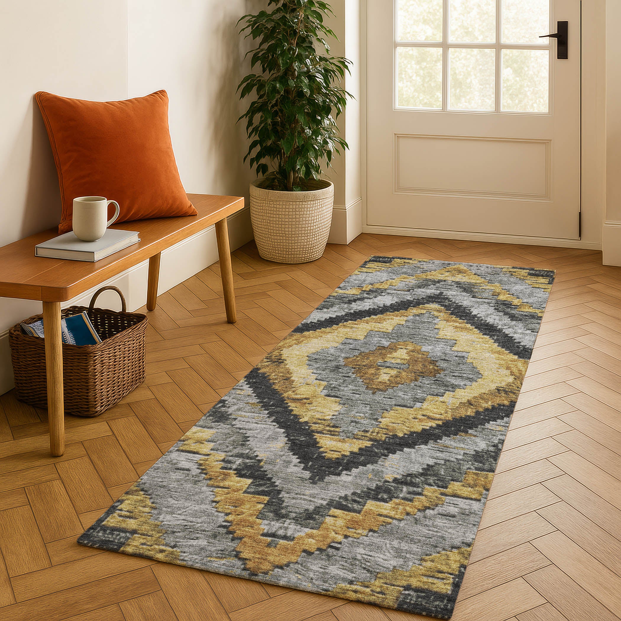 Porto Machine Washable Transitional Gold Rug 2'3" x 7'6" #shape_Runner