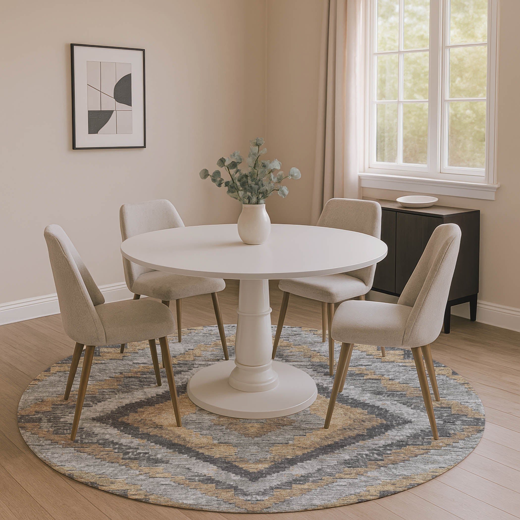 Porto Machine Washable Transitional Khaki Brown Rug 8' x 8' #shape_Round