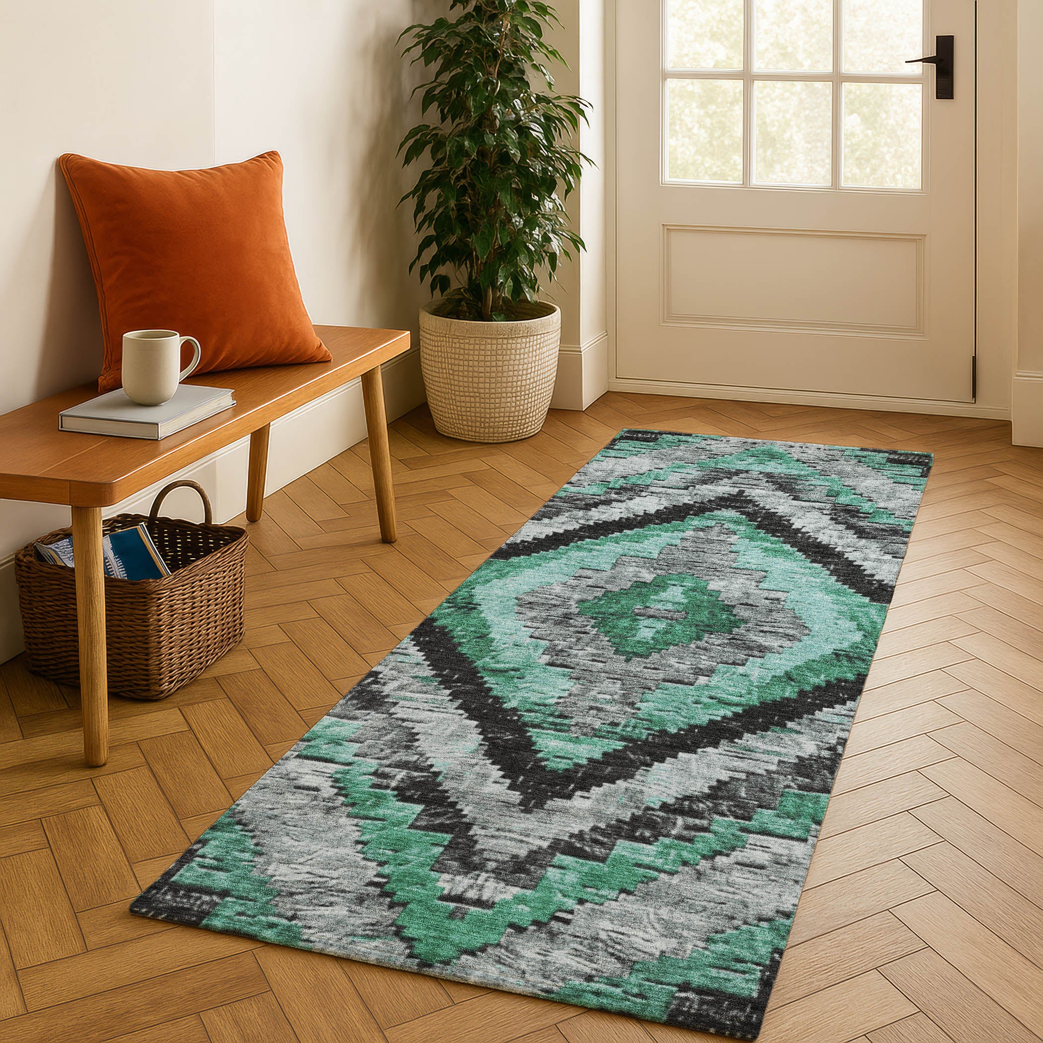 Porto Machine Washable Transitional Seafoam Blue Rug 2'3" x 7'6" #shape_Runner