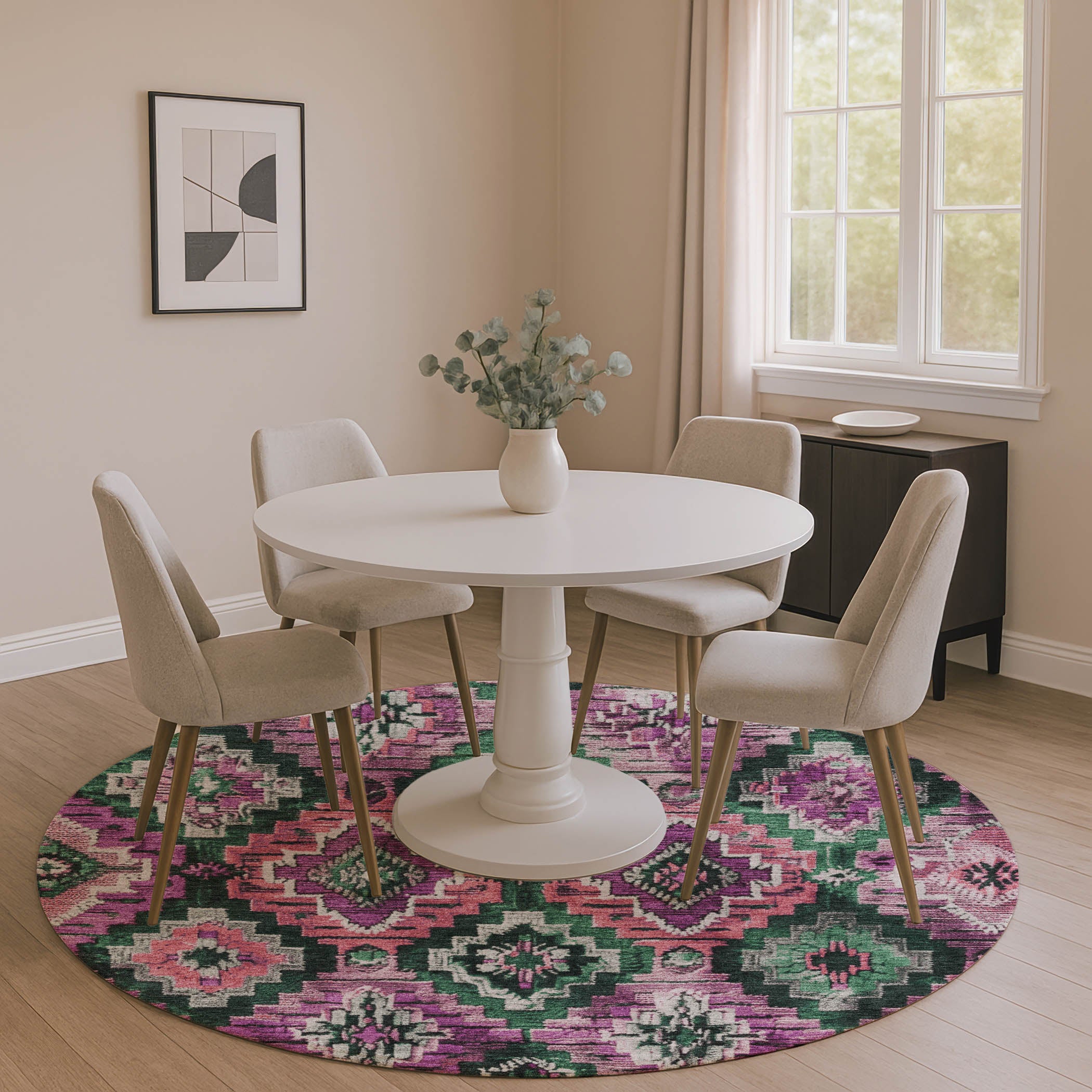 Kathmandu Machine Washable Transitional Blush Pink Rug 8' x 8' #shape_Round