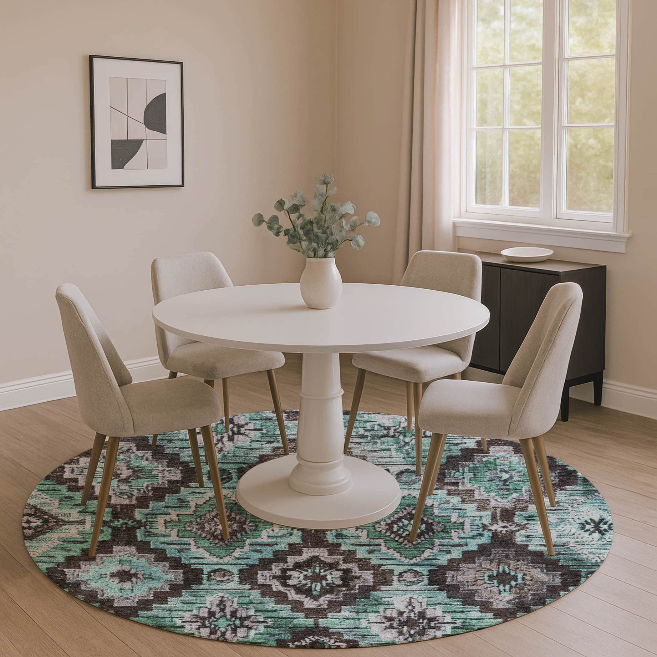 Kathmandu Machine Washable Transitional Teal Rug 8' x 8' #shape_Round