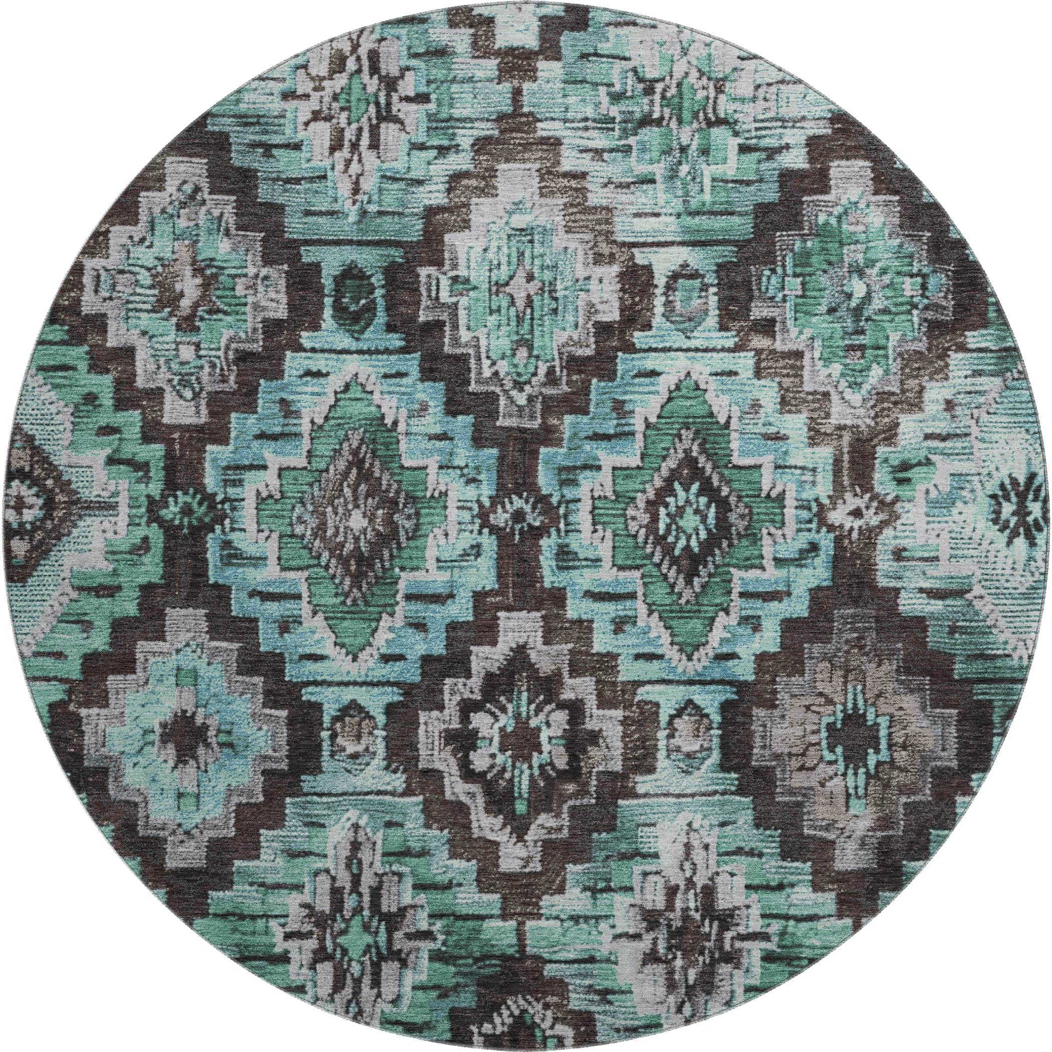 Kathmandu Machine Washable Transitional Teal Rug 8' x 8' #shape_Round