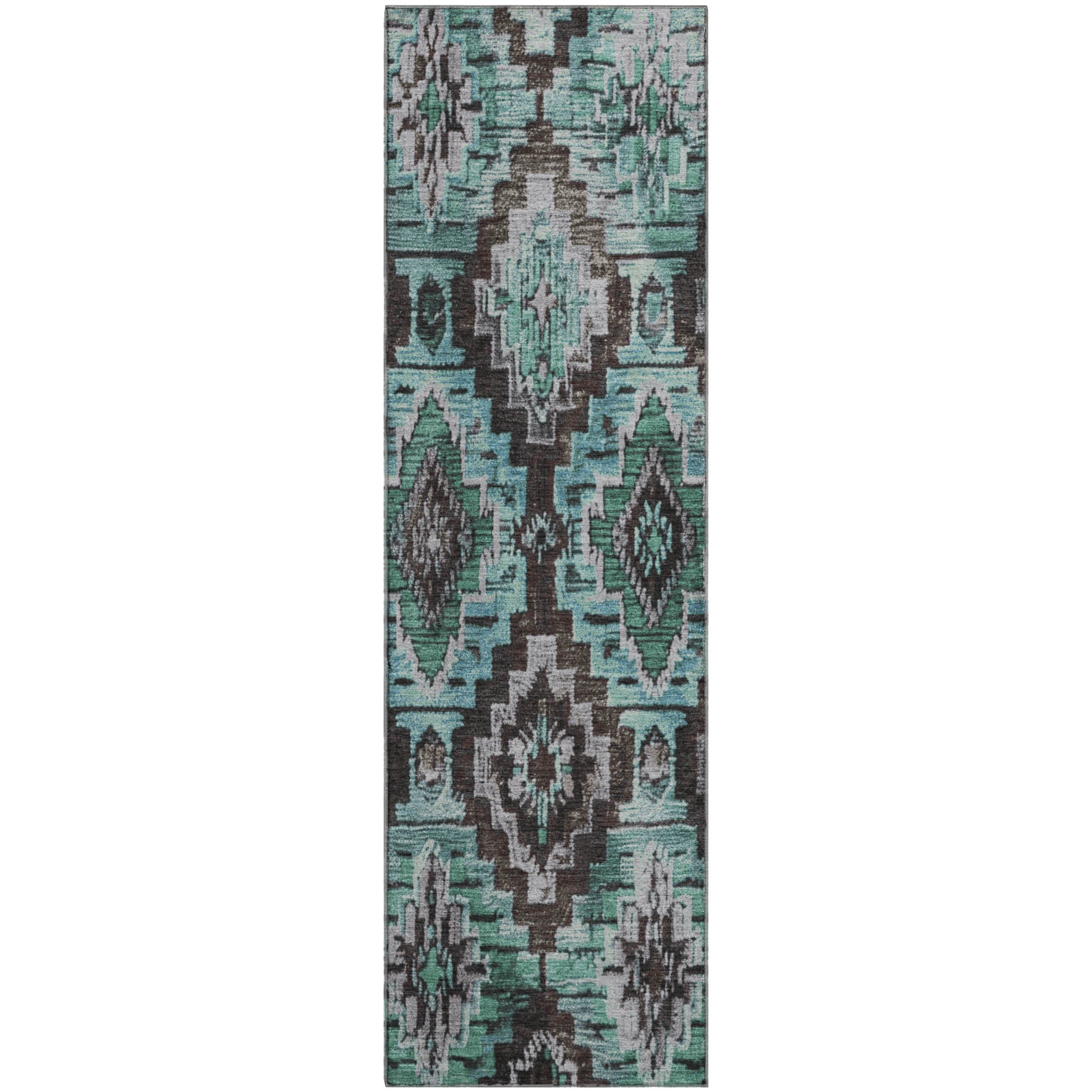 Kathmandu Machine Washable Transitional Teal Rug 2'3" x 7'6" #shape_Runner