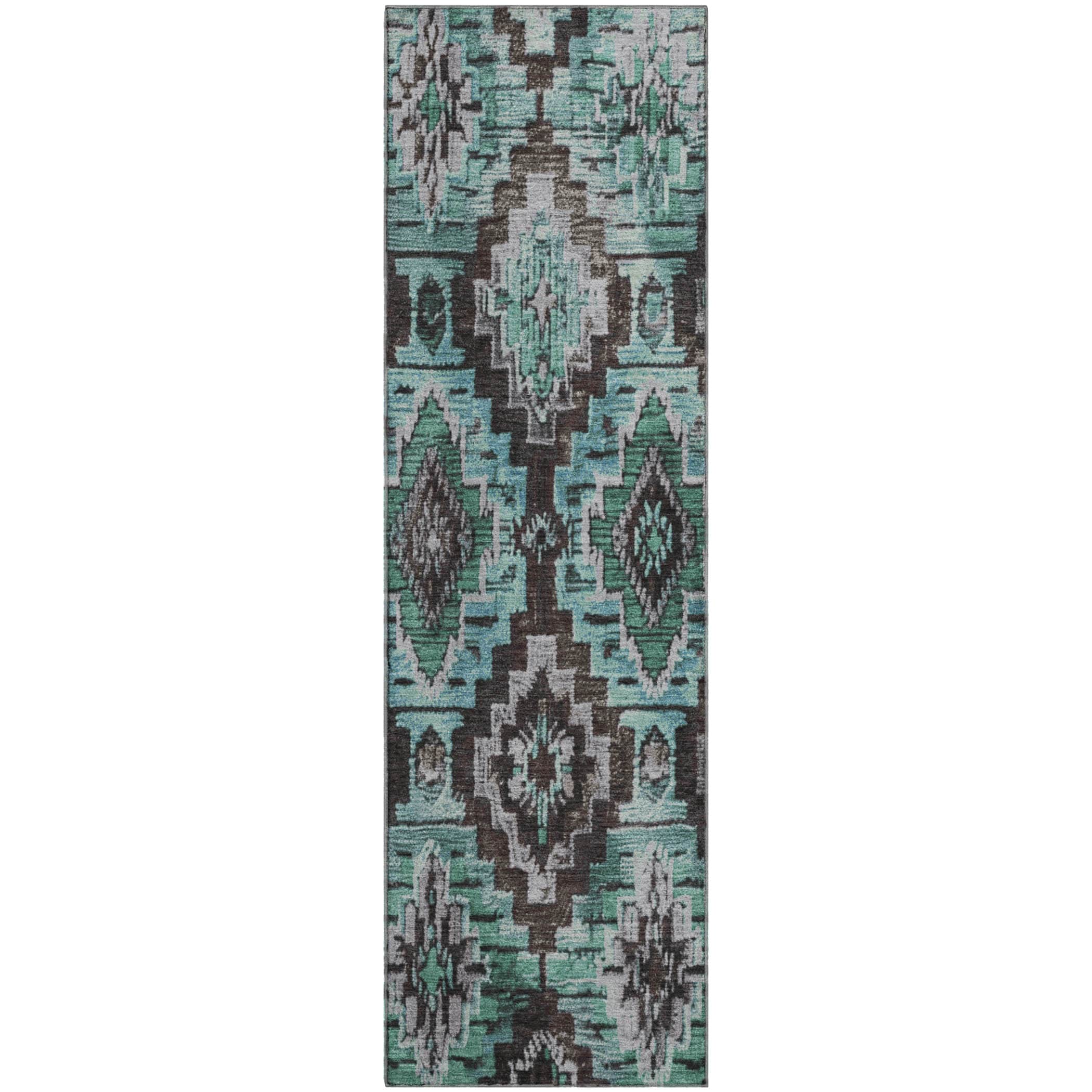 Kathmandu Machine Washable Transitional Teal Rug 2'3" x 7'6" #shape_Runner