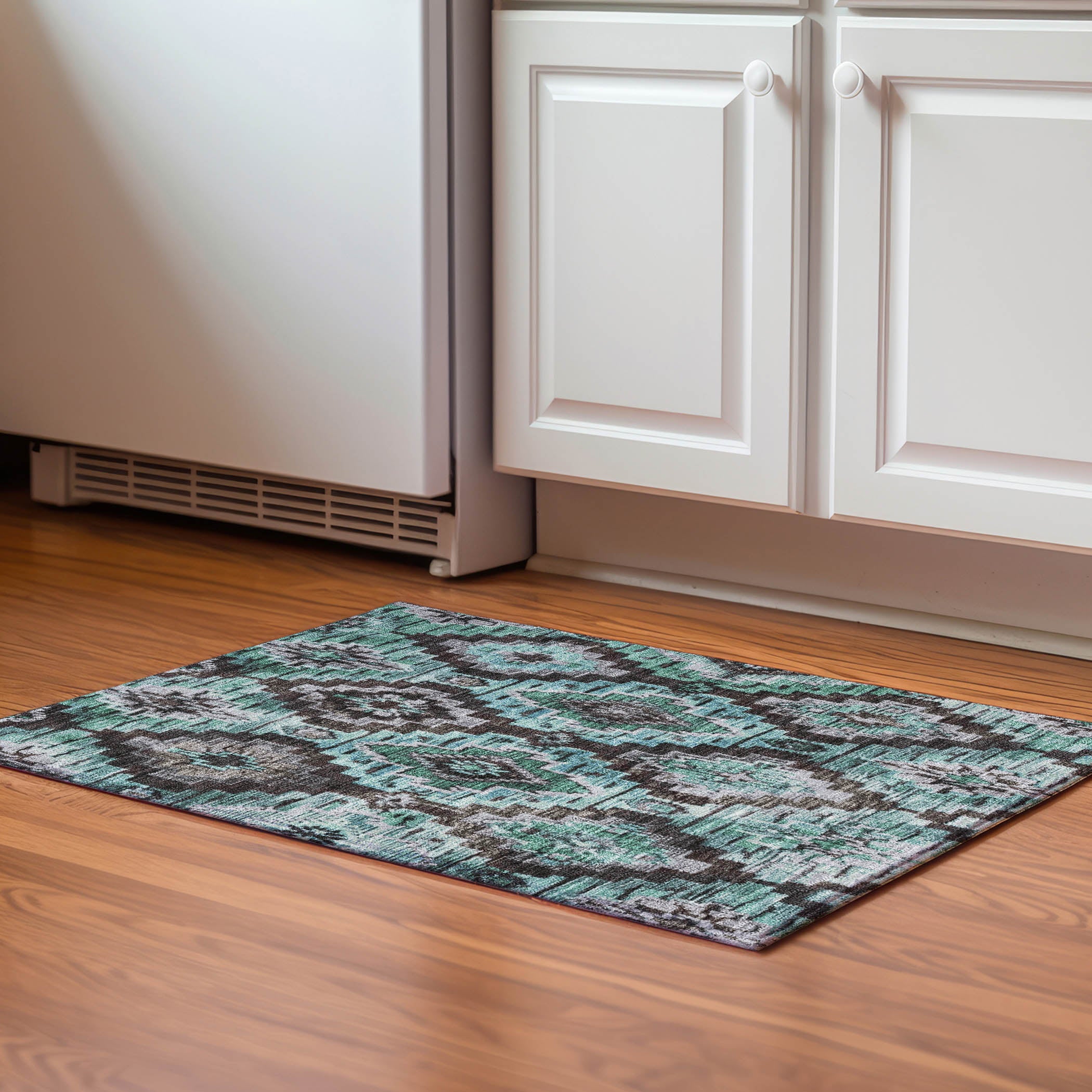 Kathmandu Machine Washable Transitional Teal Rug 1'8" x 2'6" #shape_Rectangle