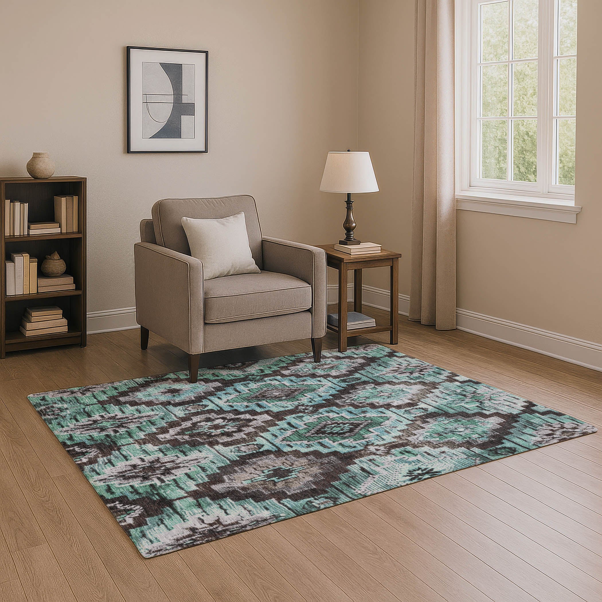 Kathmandu Machine Washable Transitional Teal Rug 2'6" x 3'10" #shape_Rectangle