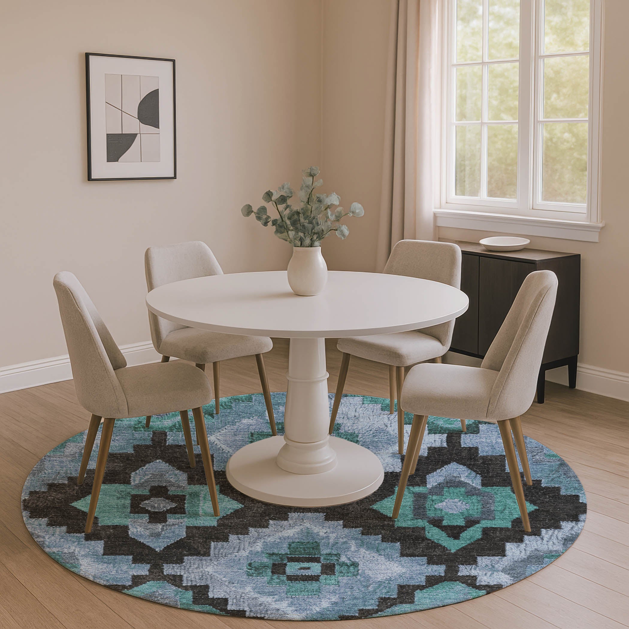 Cusco Machine Washable Transitional Teal Rug 8' x 8' #shape_Round