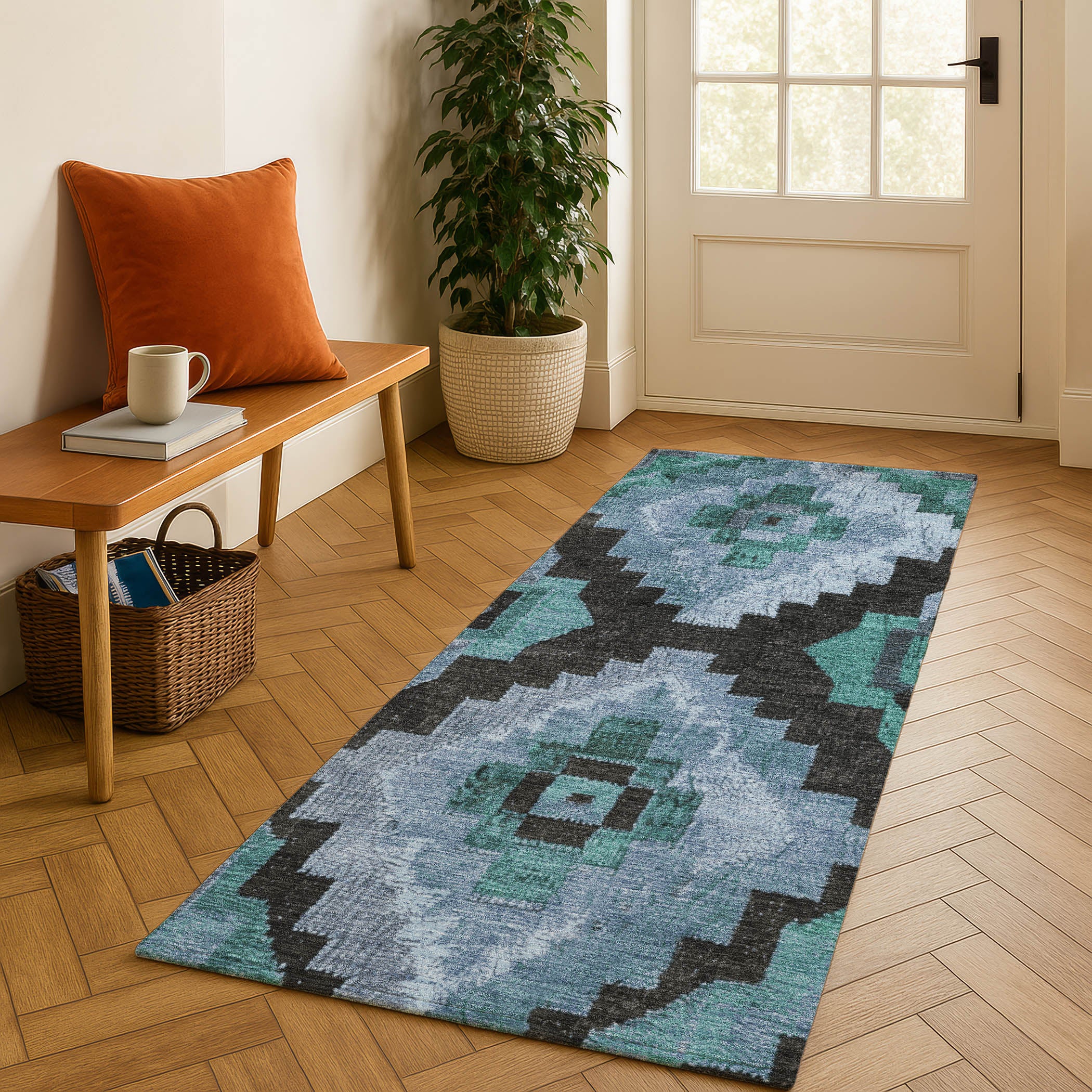 Cusco Machine Washable Transitional Teal Rug 2'3" x 7'6" #shape_Runner