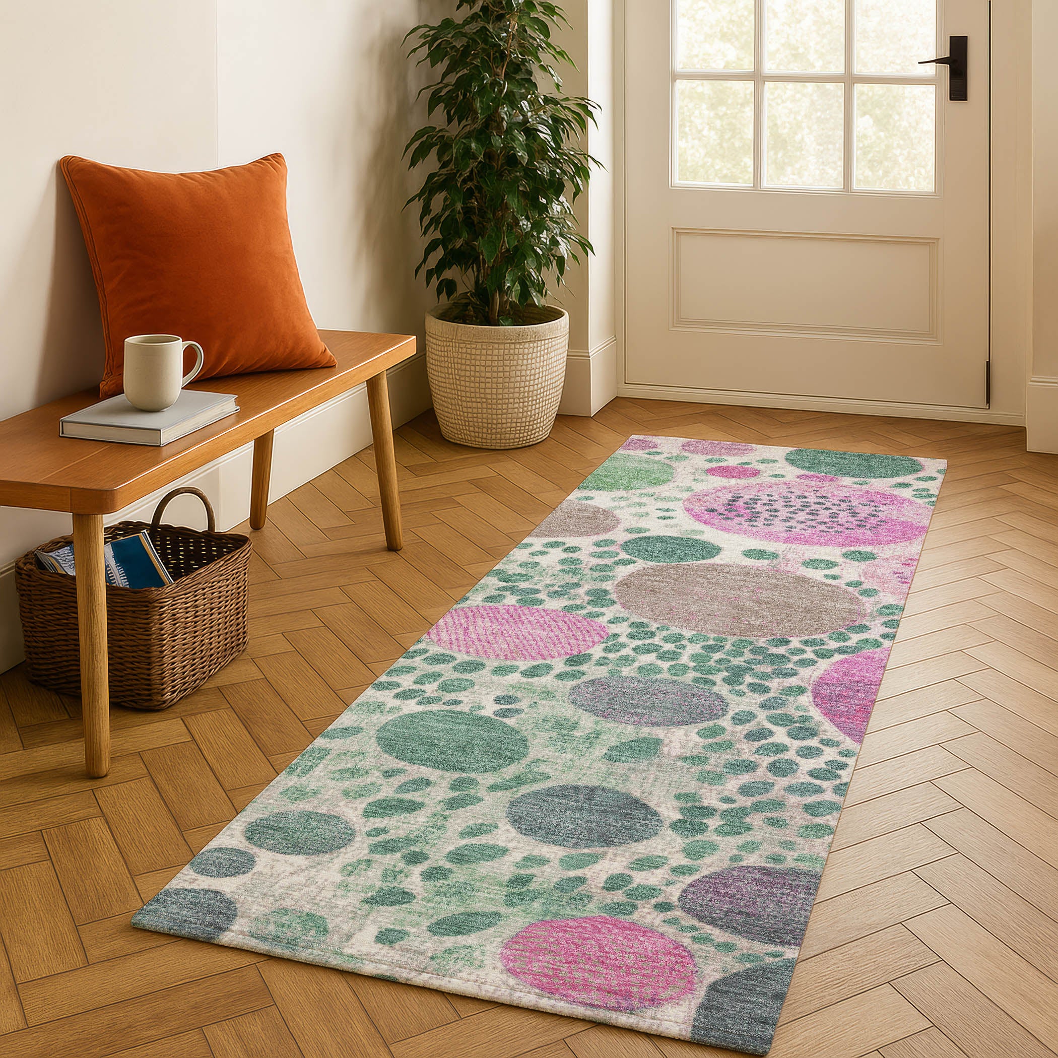 Kathmandu Machine Washable Transitional Green Rug 2'3" x 7'6" #shape_Runner