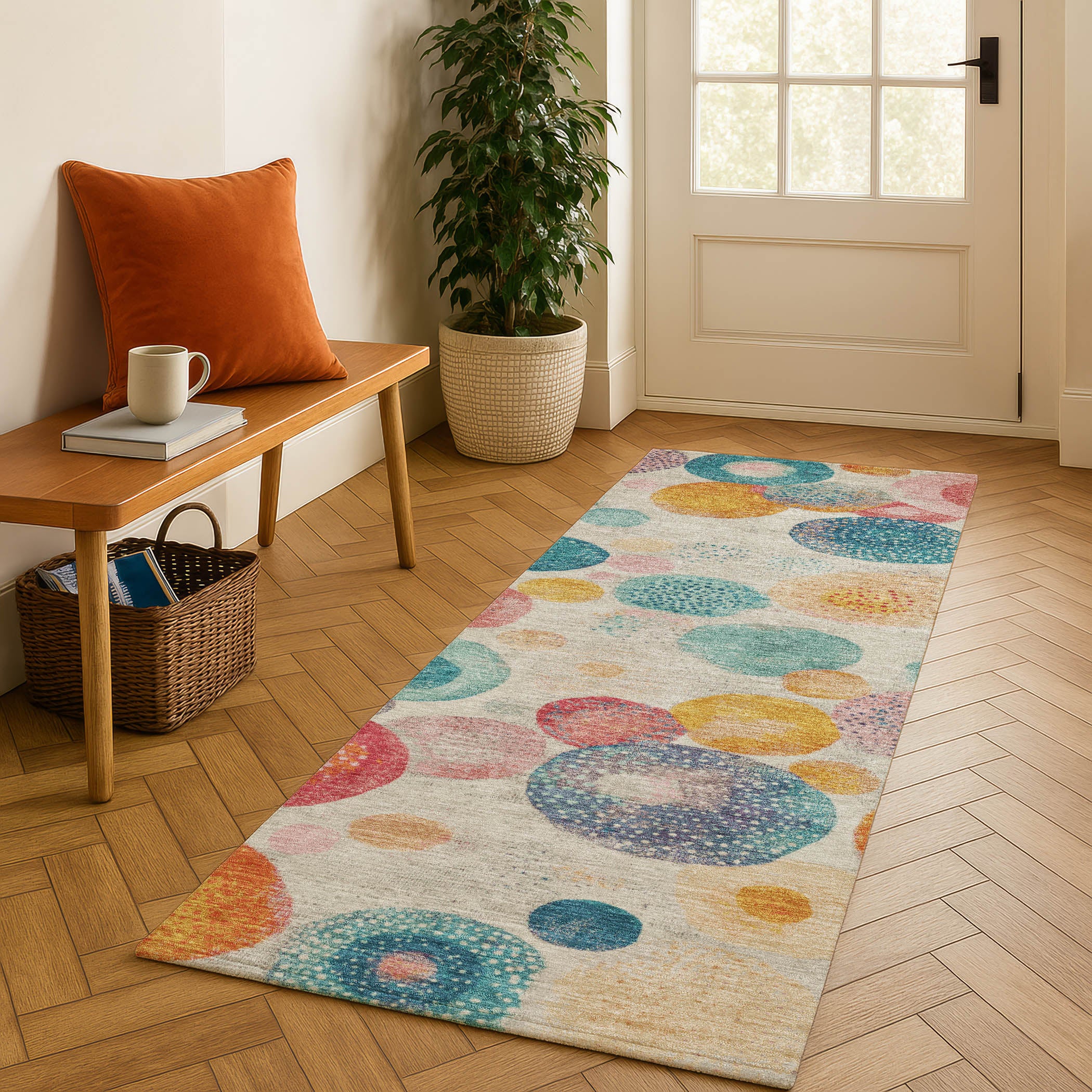 Santorini Machine Washable Transitional Beige Brown Rug 2'3" x 7'6" #shape_Runner