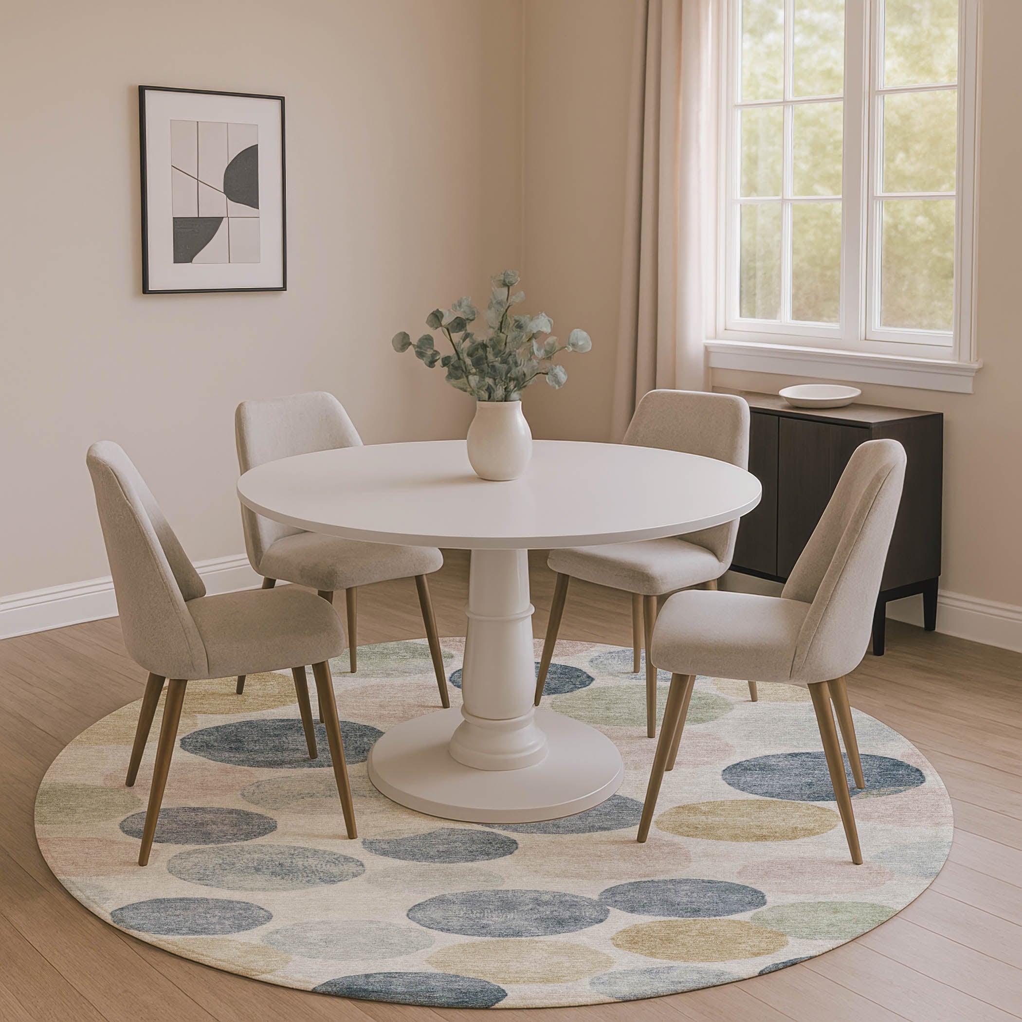 Split Machine Washable Transitional Beige Brown Rug 8' x 8' #shape_Round