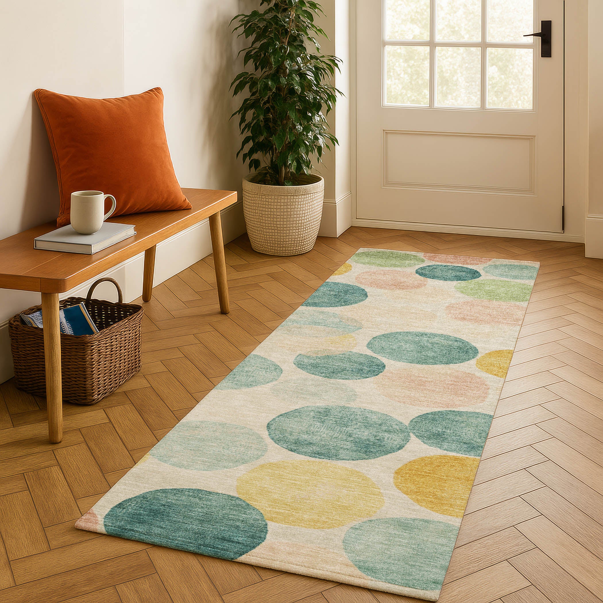 Split Machine Washable Transitional Teal Rug 2'3" x 7'6" #shape_Runner