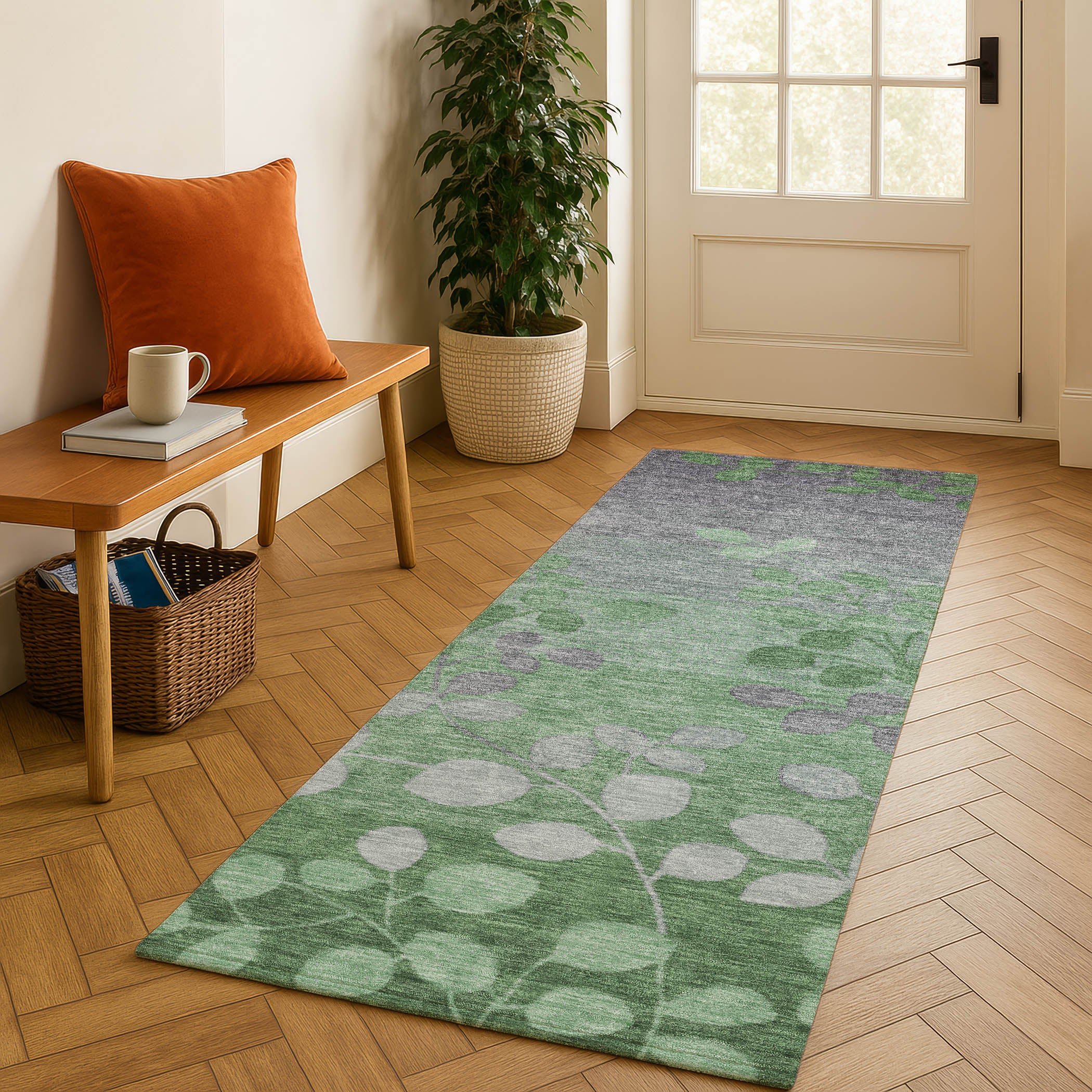 Dubrovnik Machine Washable Transitional Green Rug 2'3" x 7'6" #shape_Runner