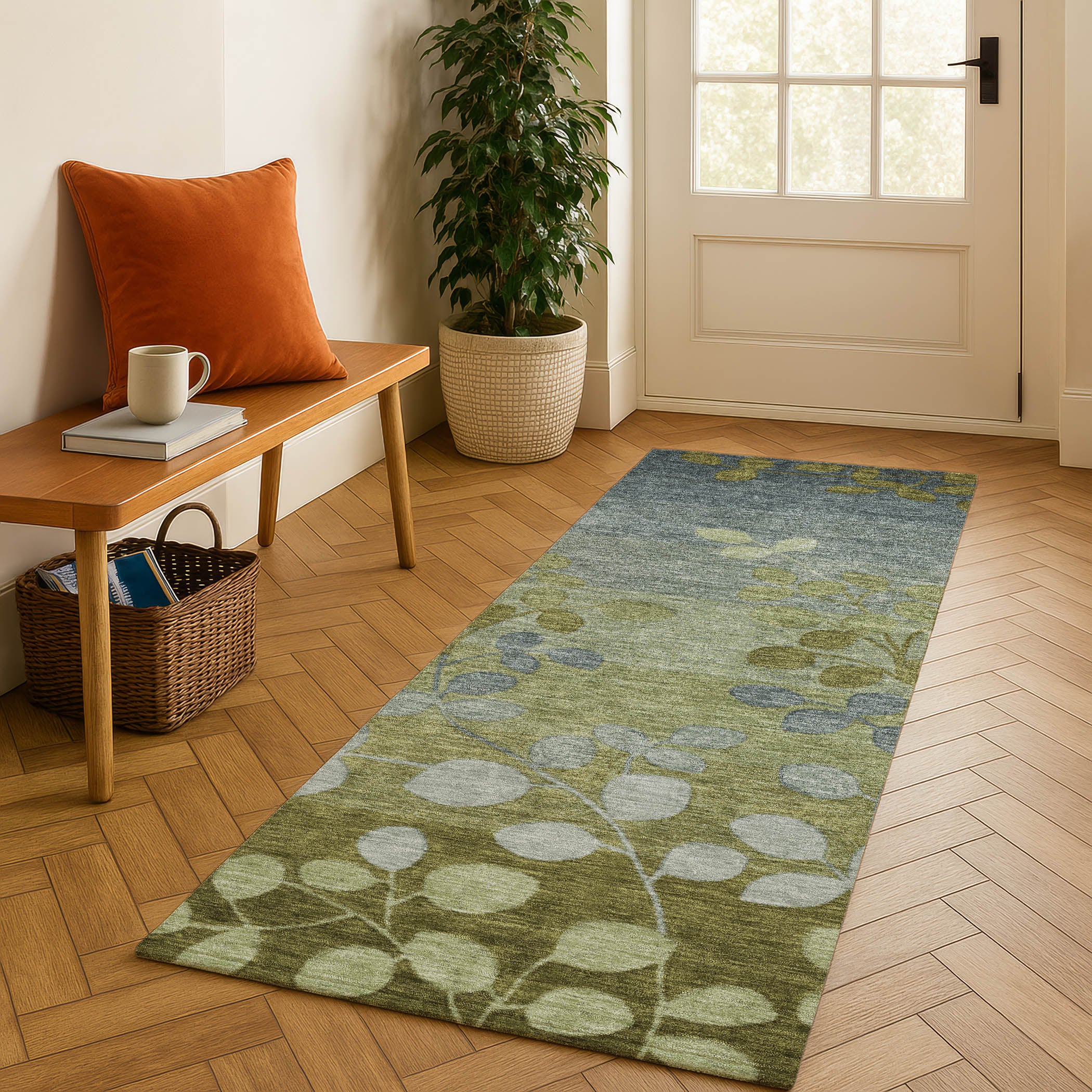 Dubrovnik Machine Washable Transitional Olive Green Rug 2'3" x 7'6" #shape_Runner