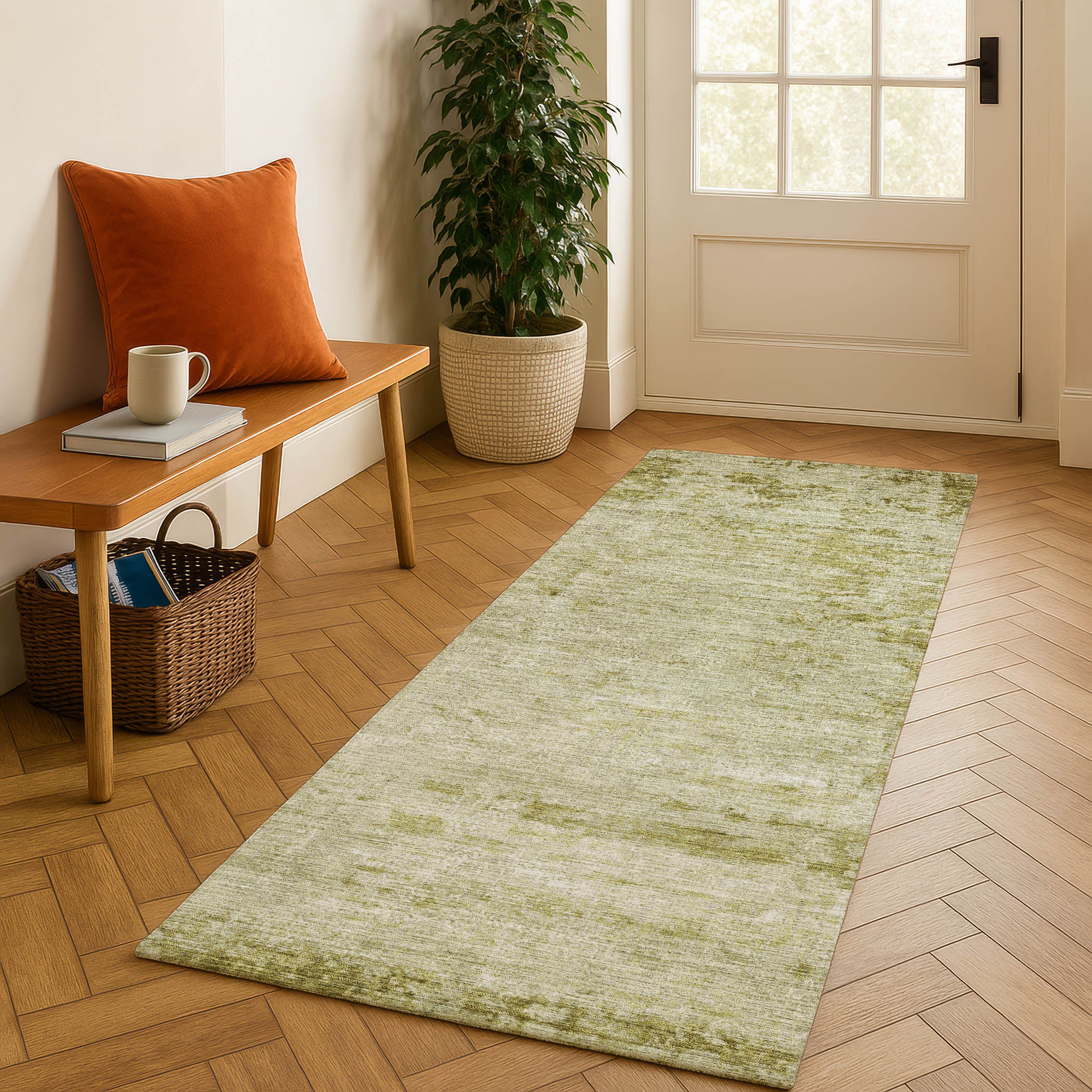 Kathmandu Machine Washable Transitional Aloe Green Rug 2'3" x 7'6" #shape_Runner