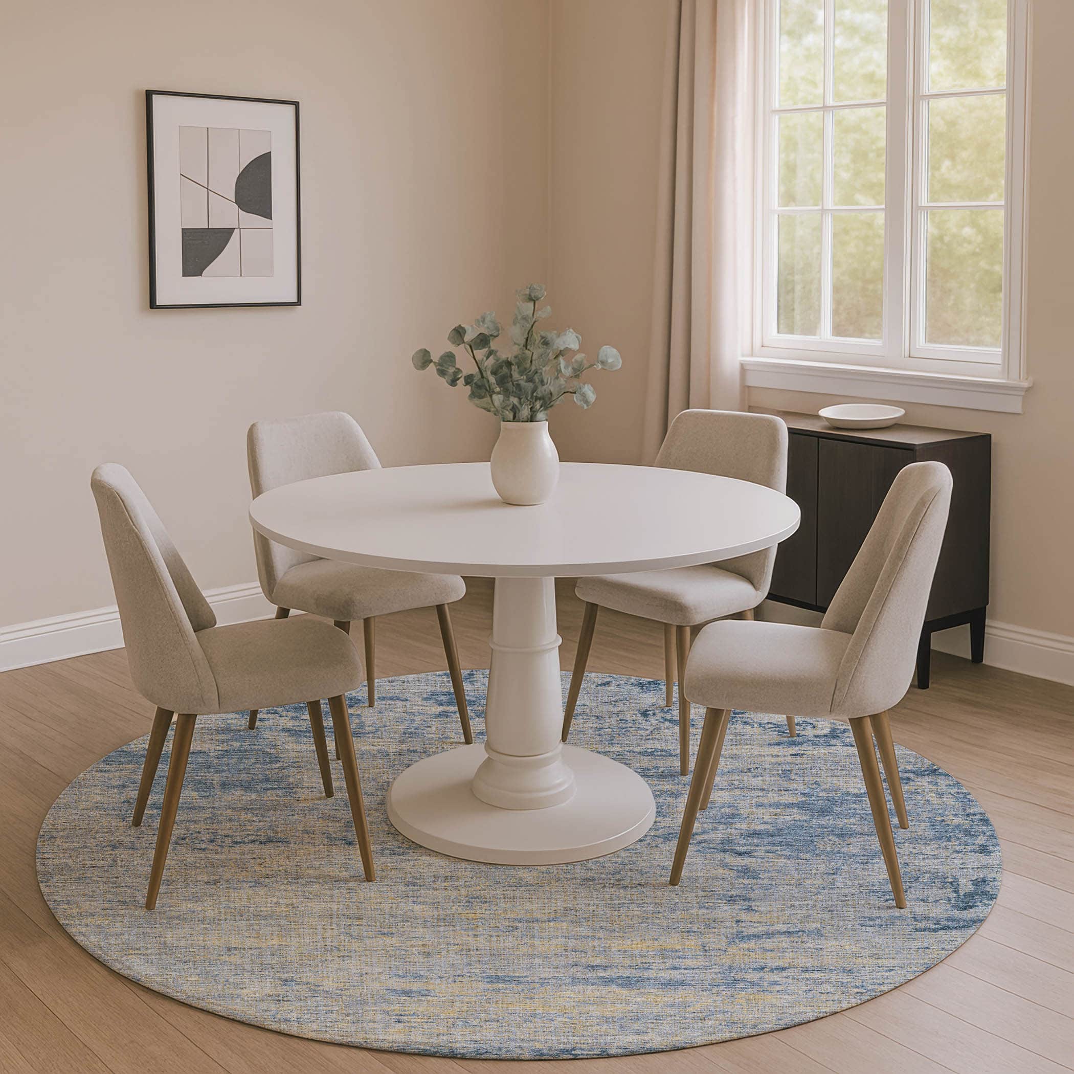 Kathmandu Machine Washable Transitional Navy Blue Rug 8' x 8' #shape_Round