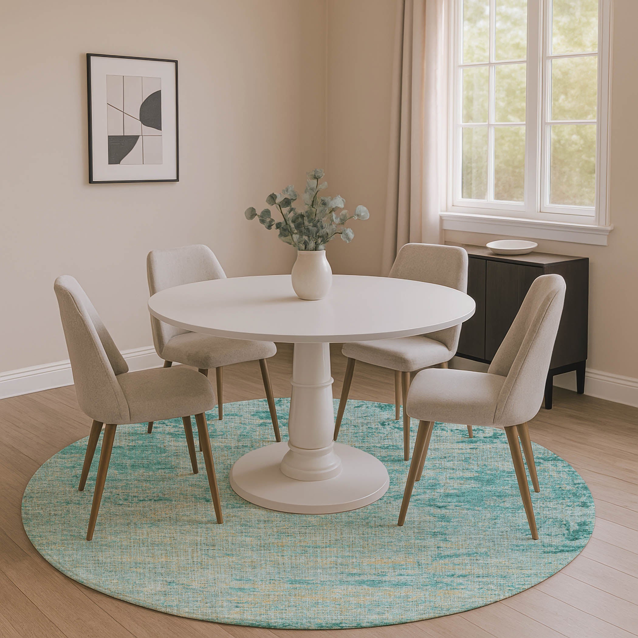 Kathmandu Machine Washable Transitional Teal Rug 8' x 8' #shape_Round