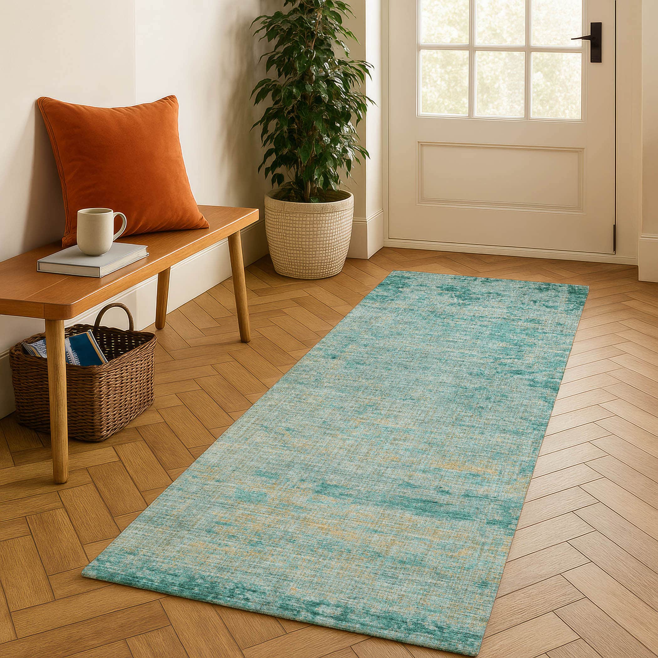 Kathmandu Machine Washable Transitional Teal Rug 2'3" x 7'6" #shape_Runner