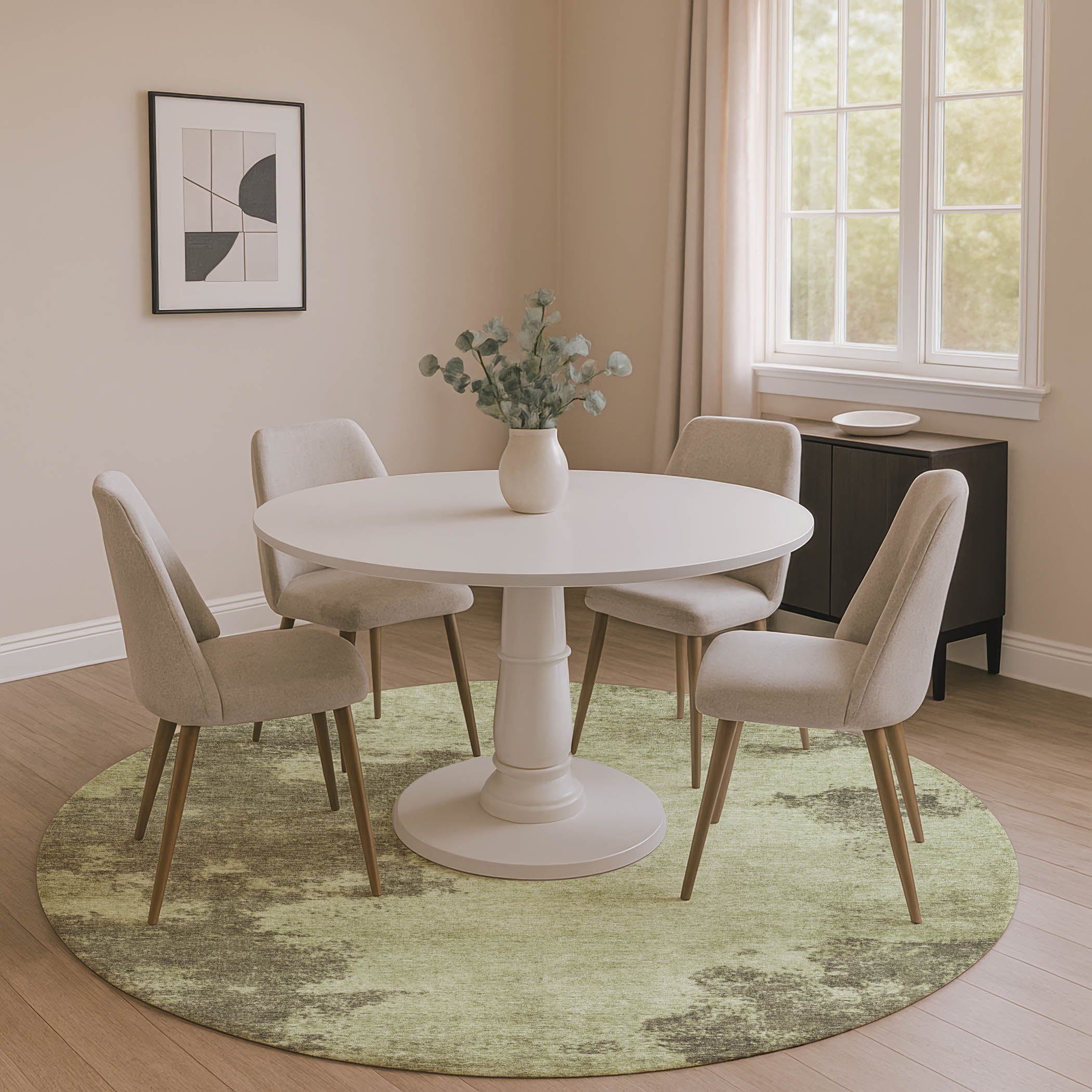 Bern Machine Washable Transitional Olive Green Rug 8' x 8' #shape_Round