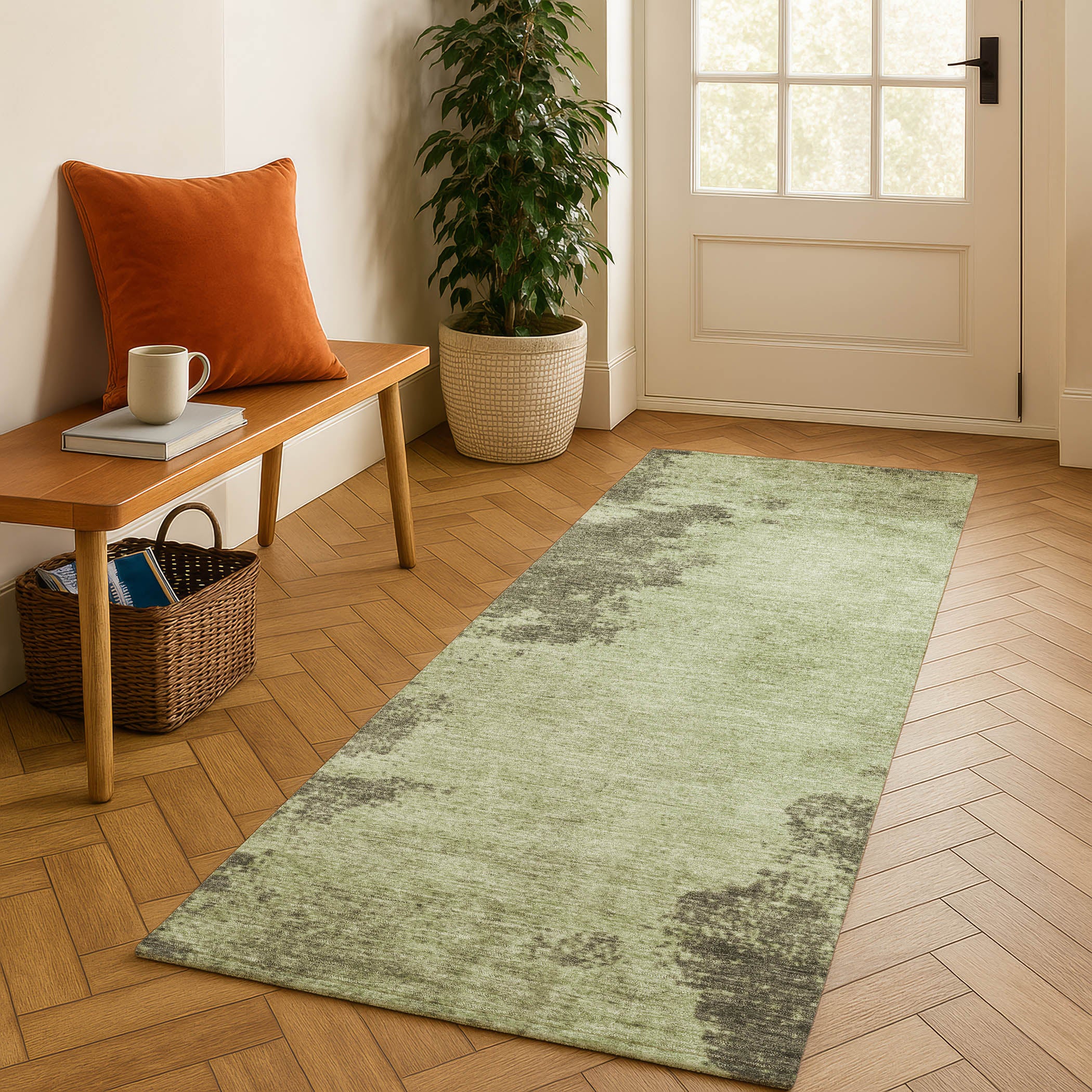 Bern Machine Washable Transitional Olive Green Rug 2'3" x 7'6" #shape_Runner