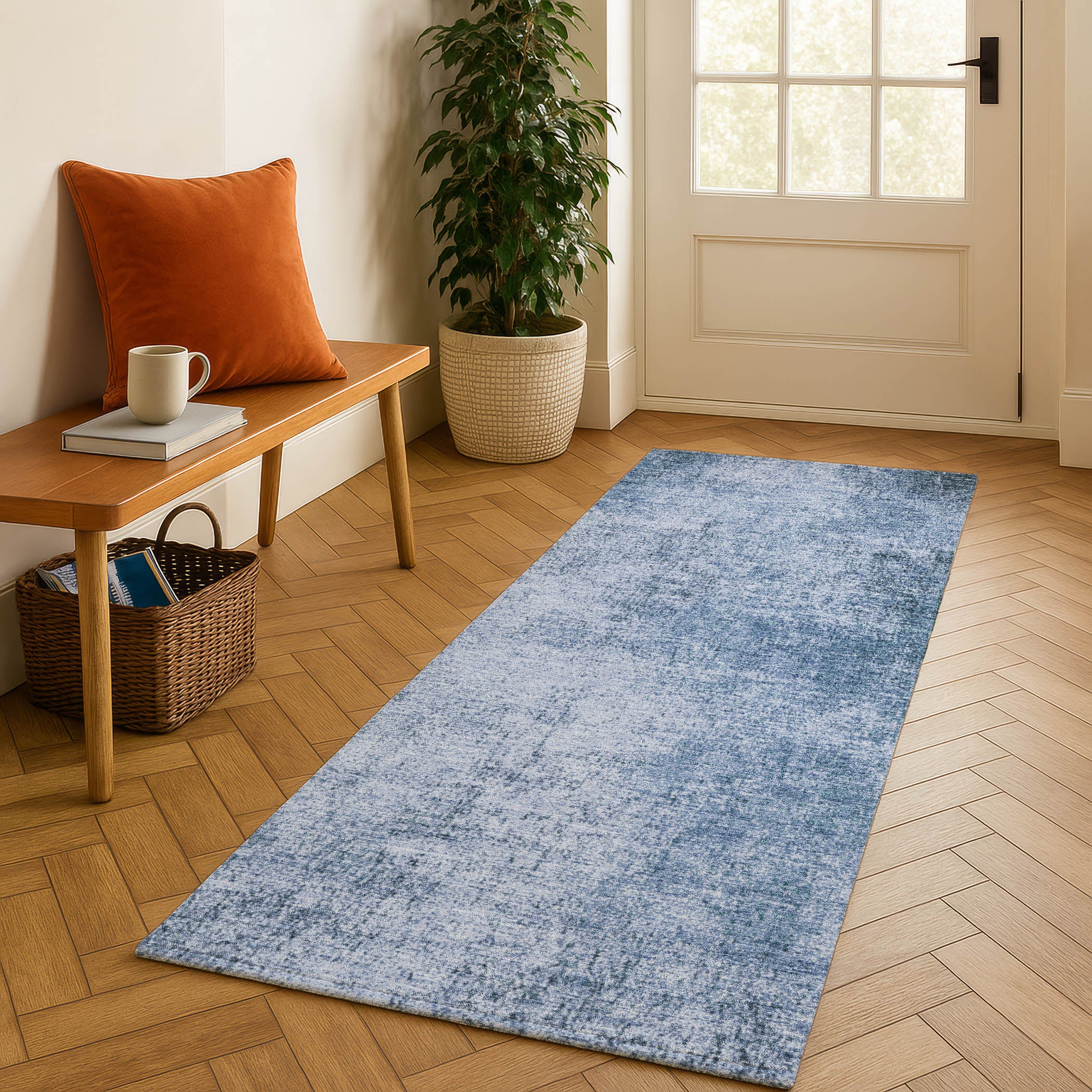 Sintra Machine Washable Transitional Blue Rug 2'3" x 7'6" #shape_Runner