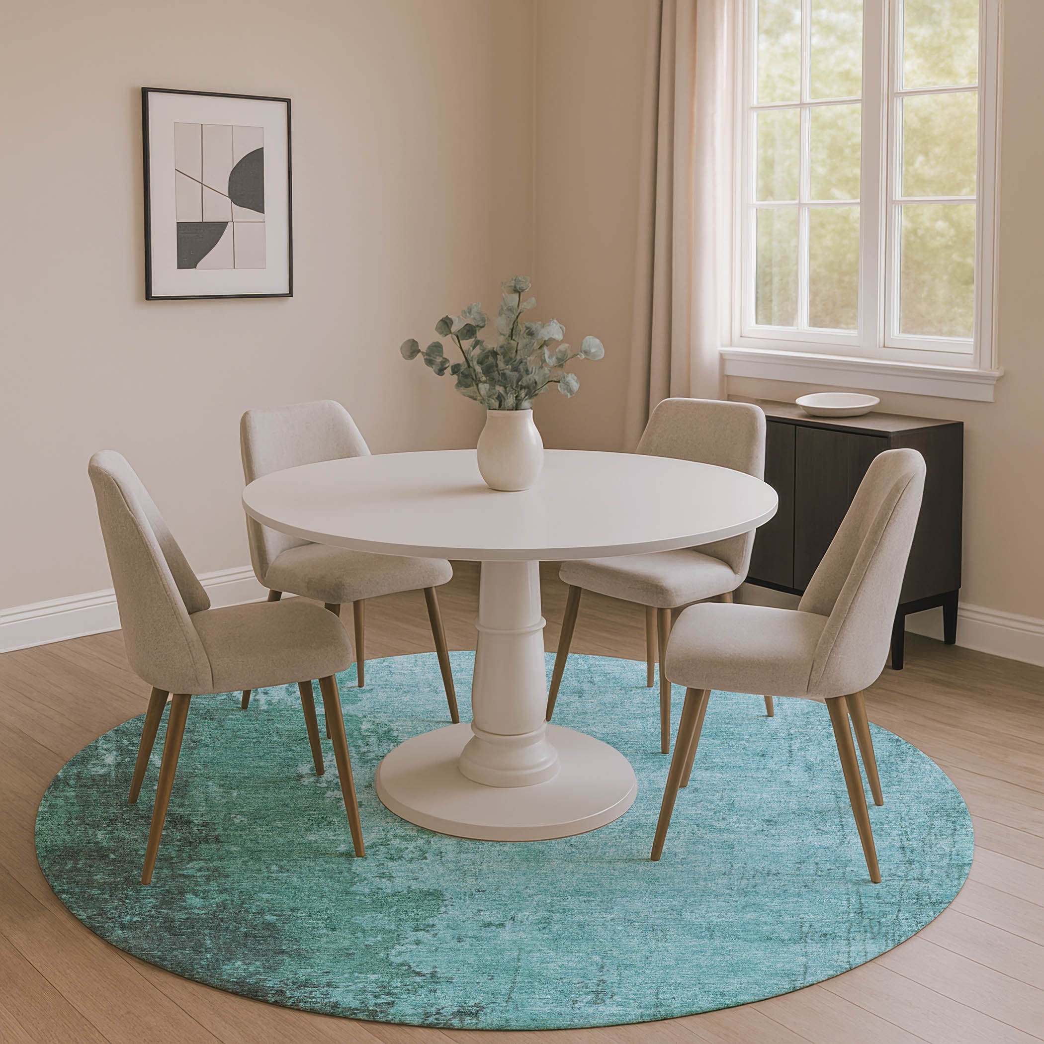 Lisbon Machine Washable Transitional Teal Rug 8' x 8' #shape_Round