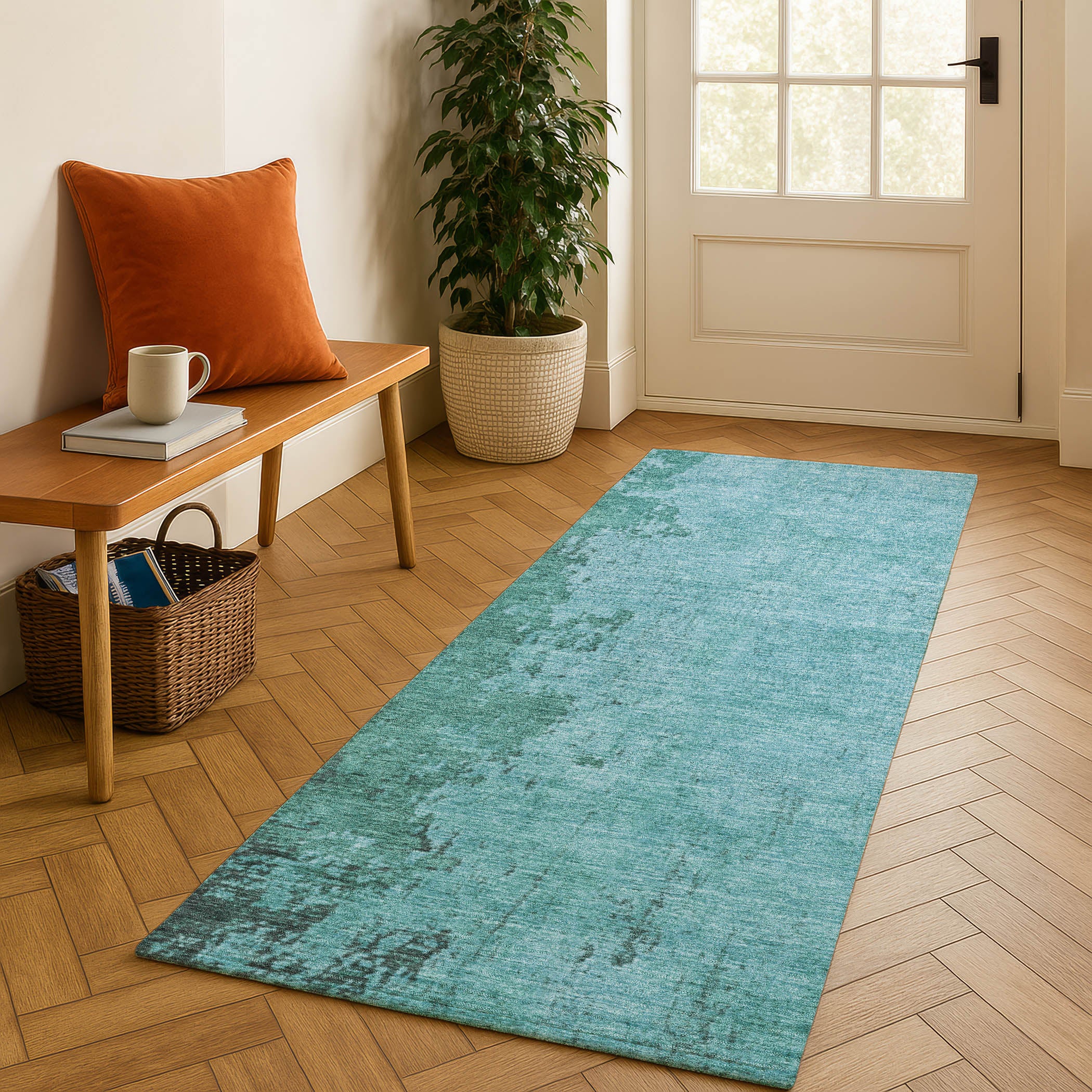 Lisbon Machine Washable Transitional Teal Rug 2'3" x 7'6" #shape_Runner