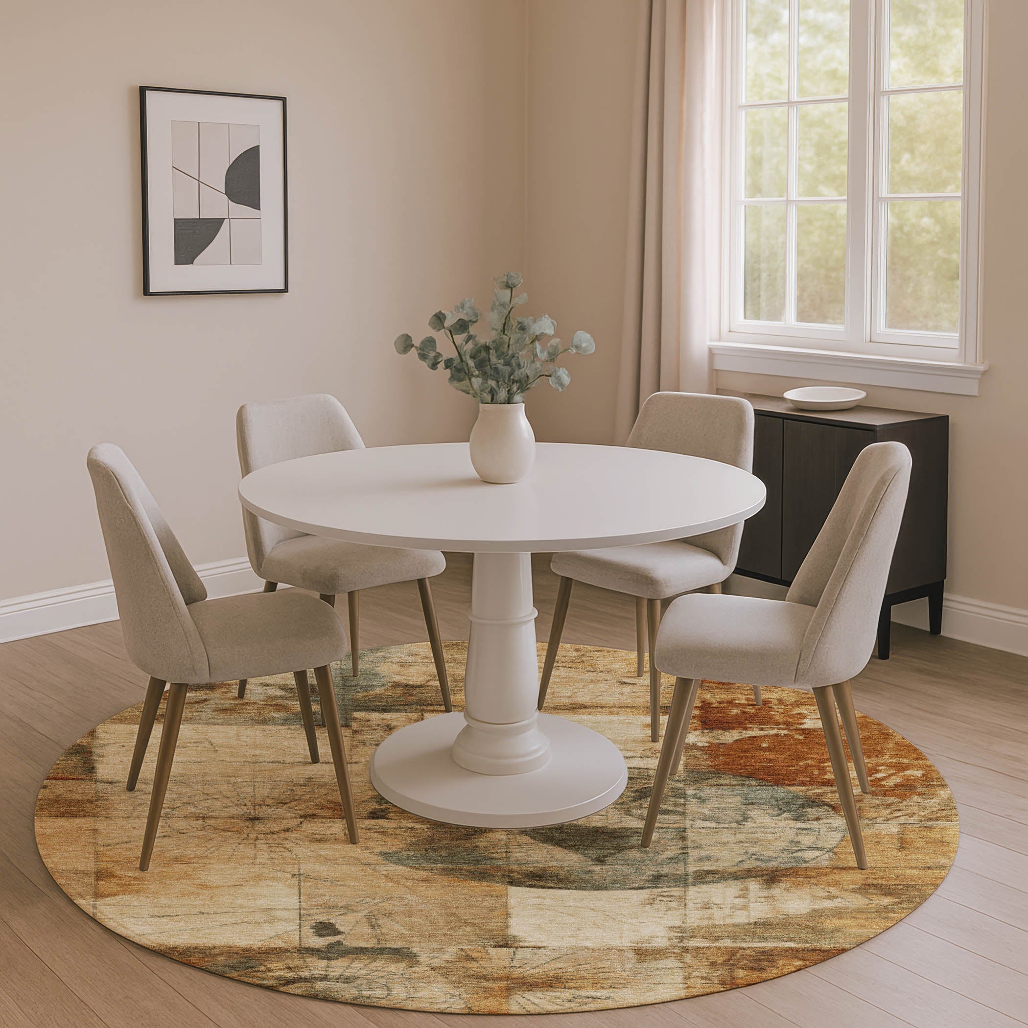 Vienna Machine Washable Transitional Beige Brown Rug 8' x 8' #shape_Round