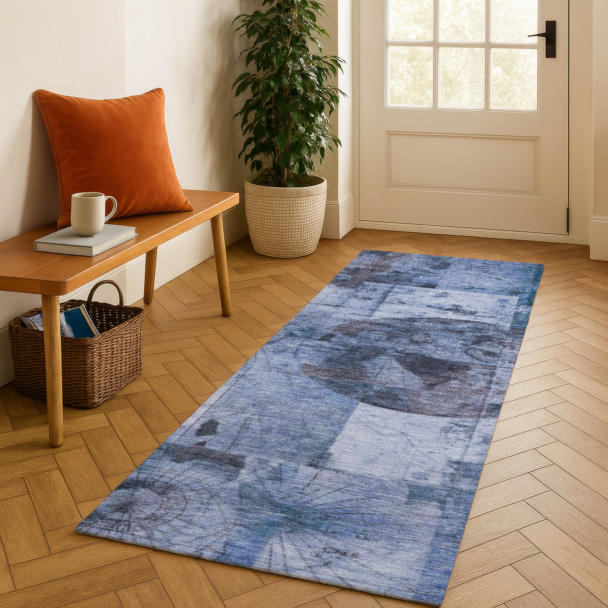 Vienna Machine Washable Transitional Blue Rug 2'3" x 7'6" #shape_Runner