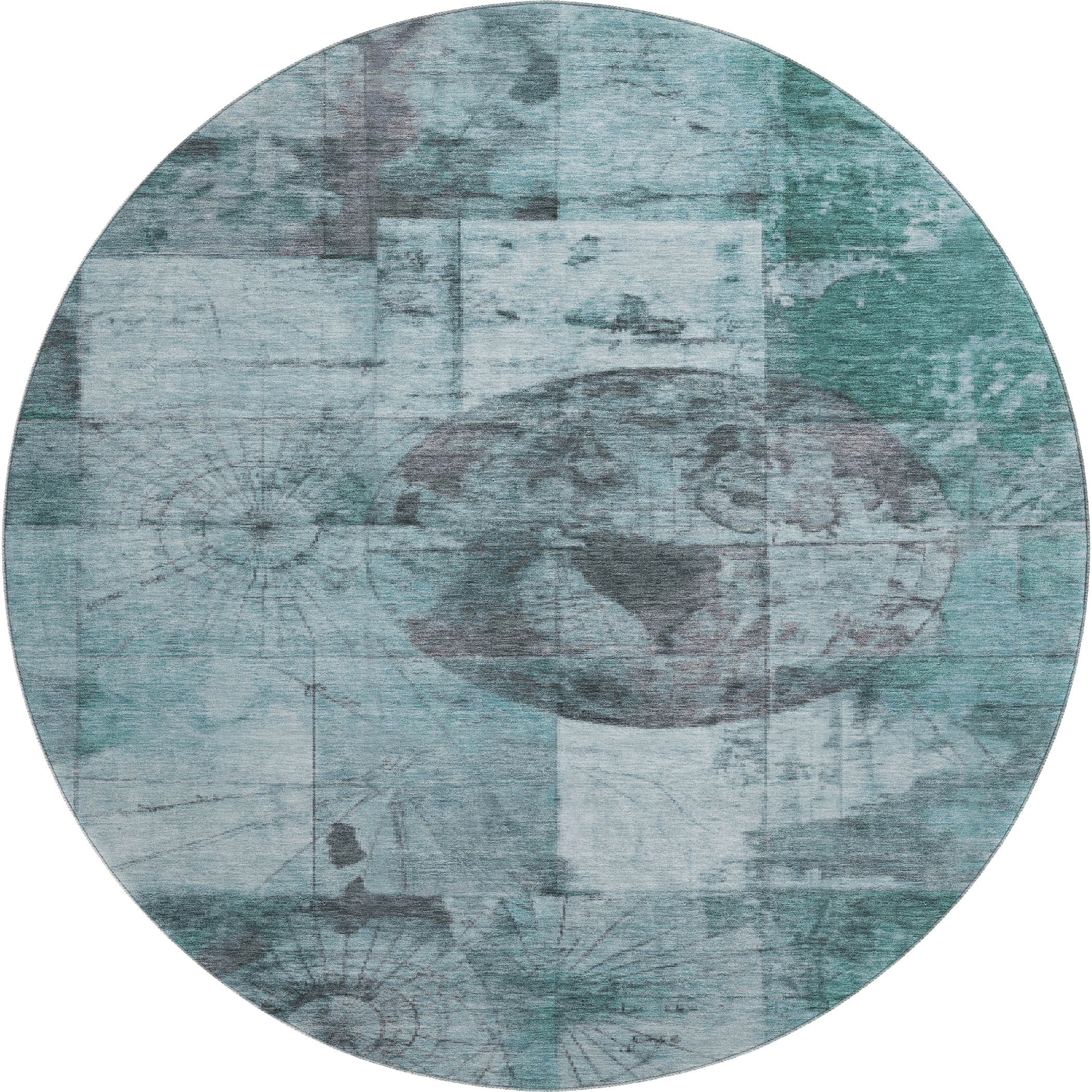 Vienna Machine Washable Transitional Teal Rug 8' x 8' #shape_Round