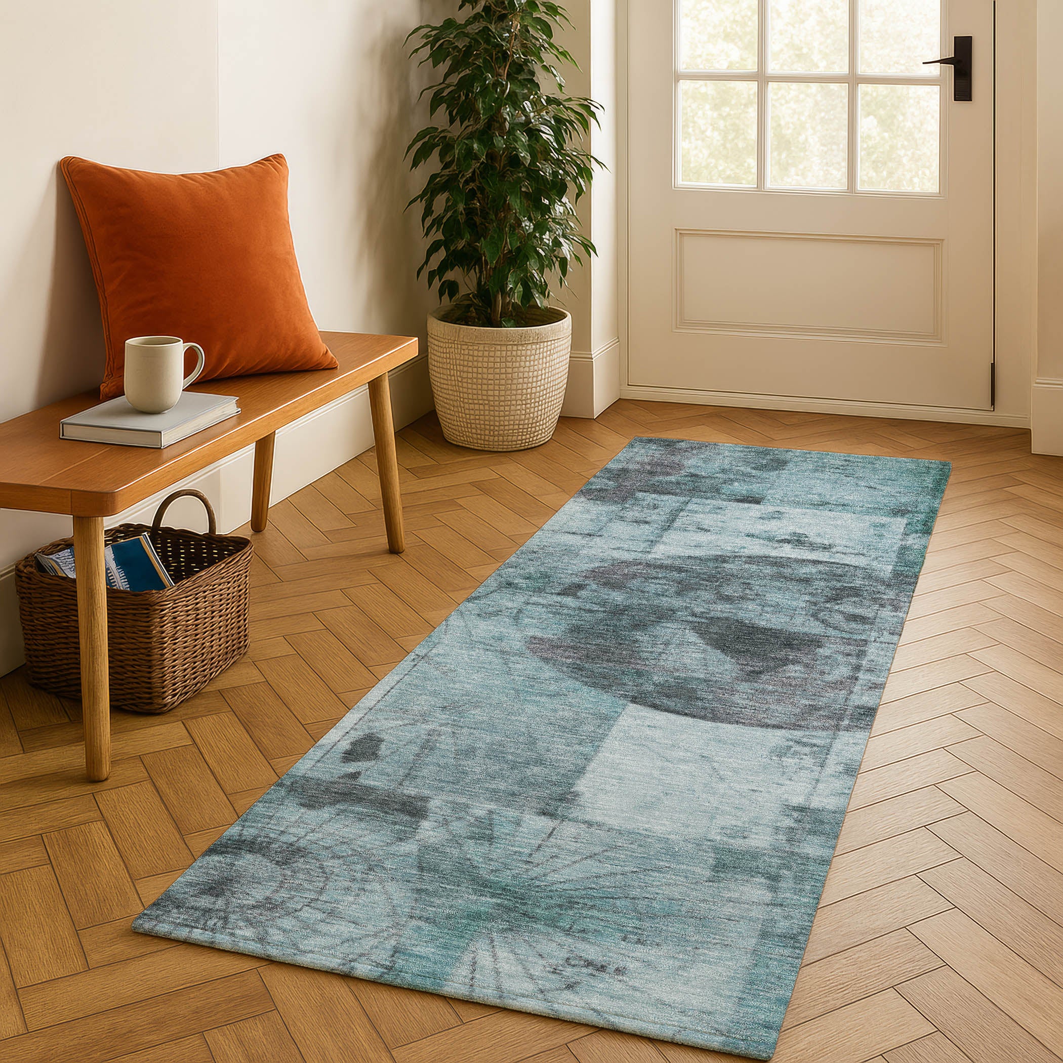 Vienna Machine Washable Transitional Teal Rug 2'3" x 7'6" #shape_Runner
