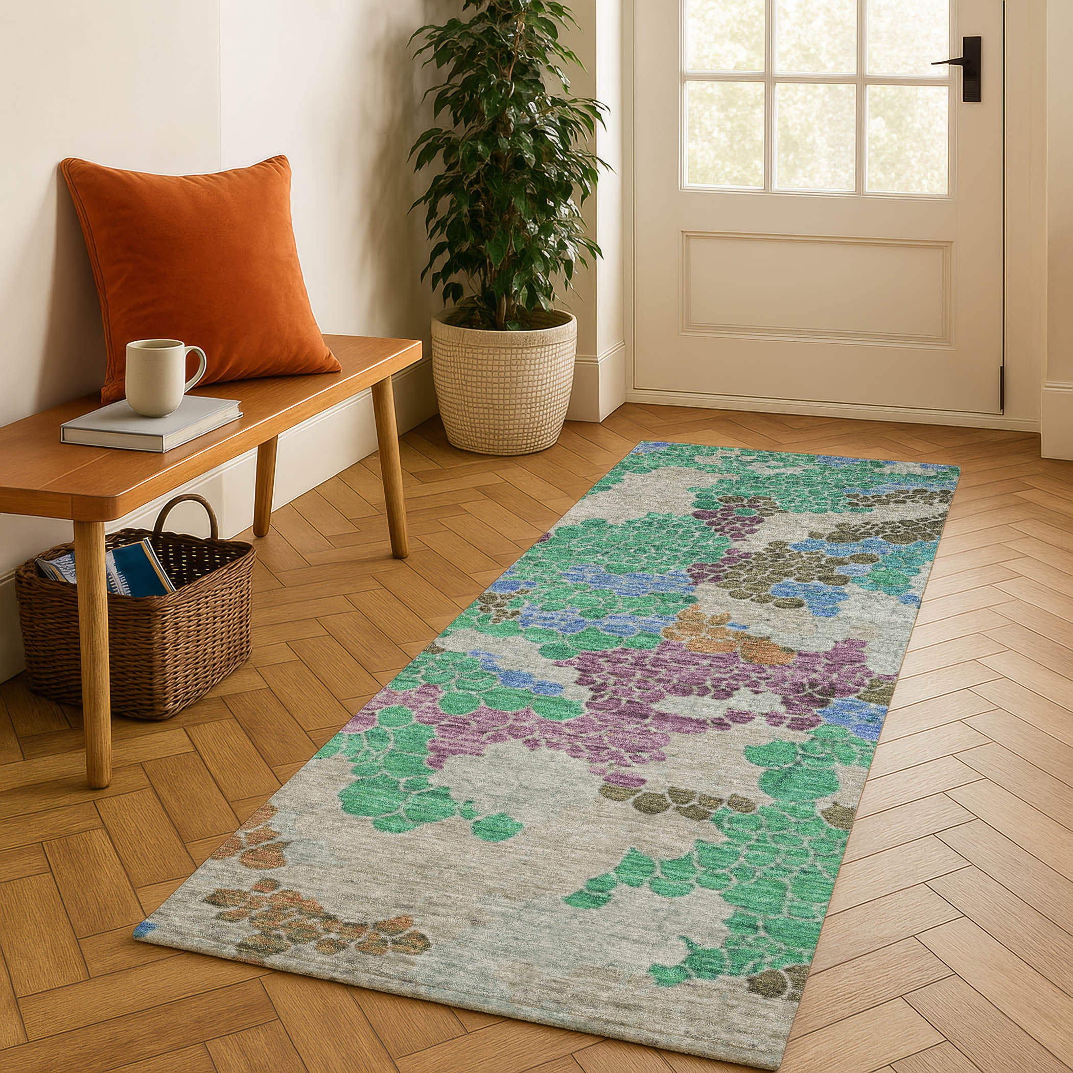 Kyoto Machine Washable Transitional Green Rug 2'3" x 7'6" #shape_Runner