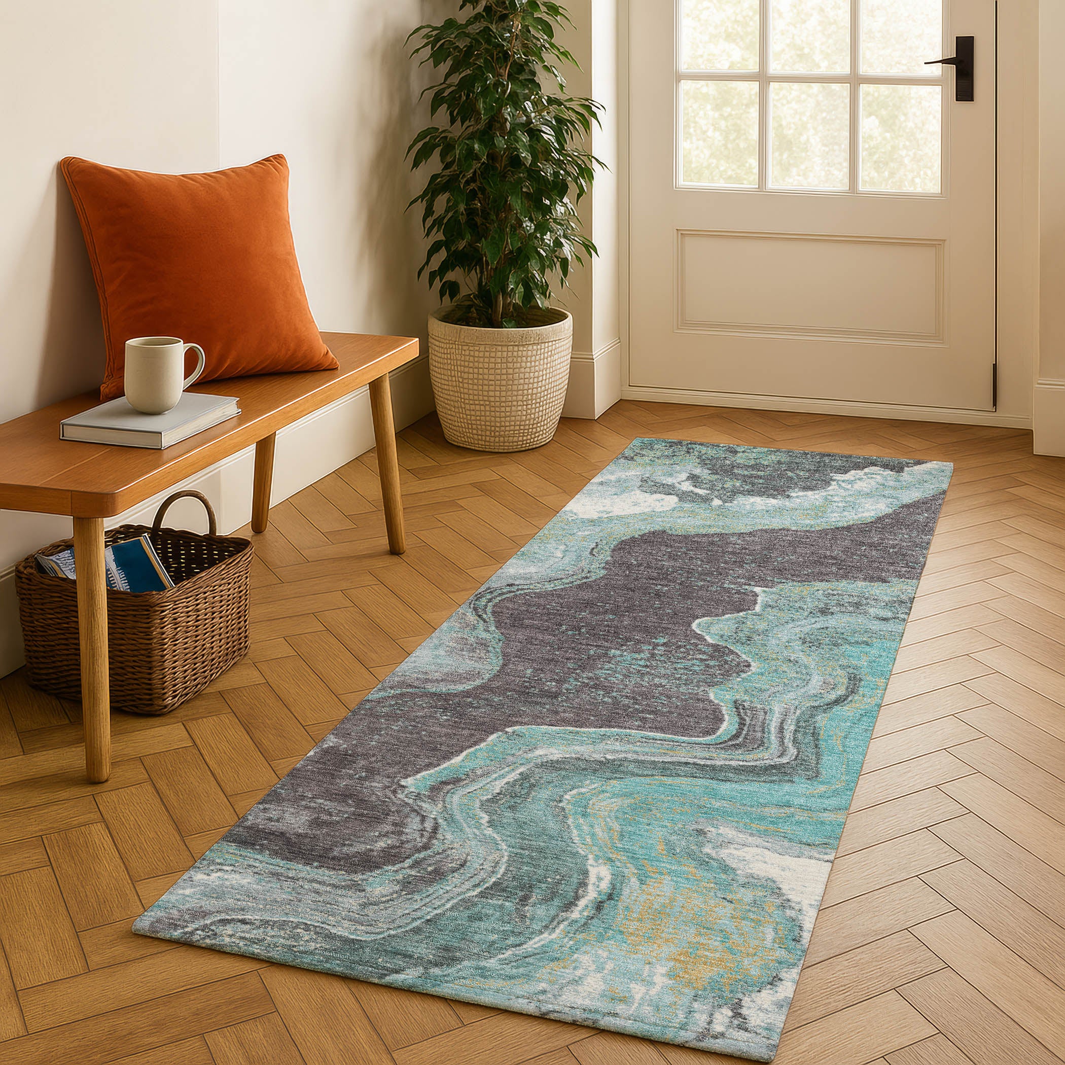 Hoi An Machine Washable Transitional Teal Rug 2'3" x 7'6" #shape_Runner