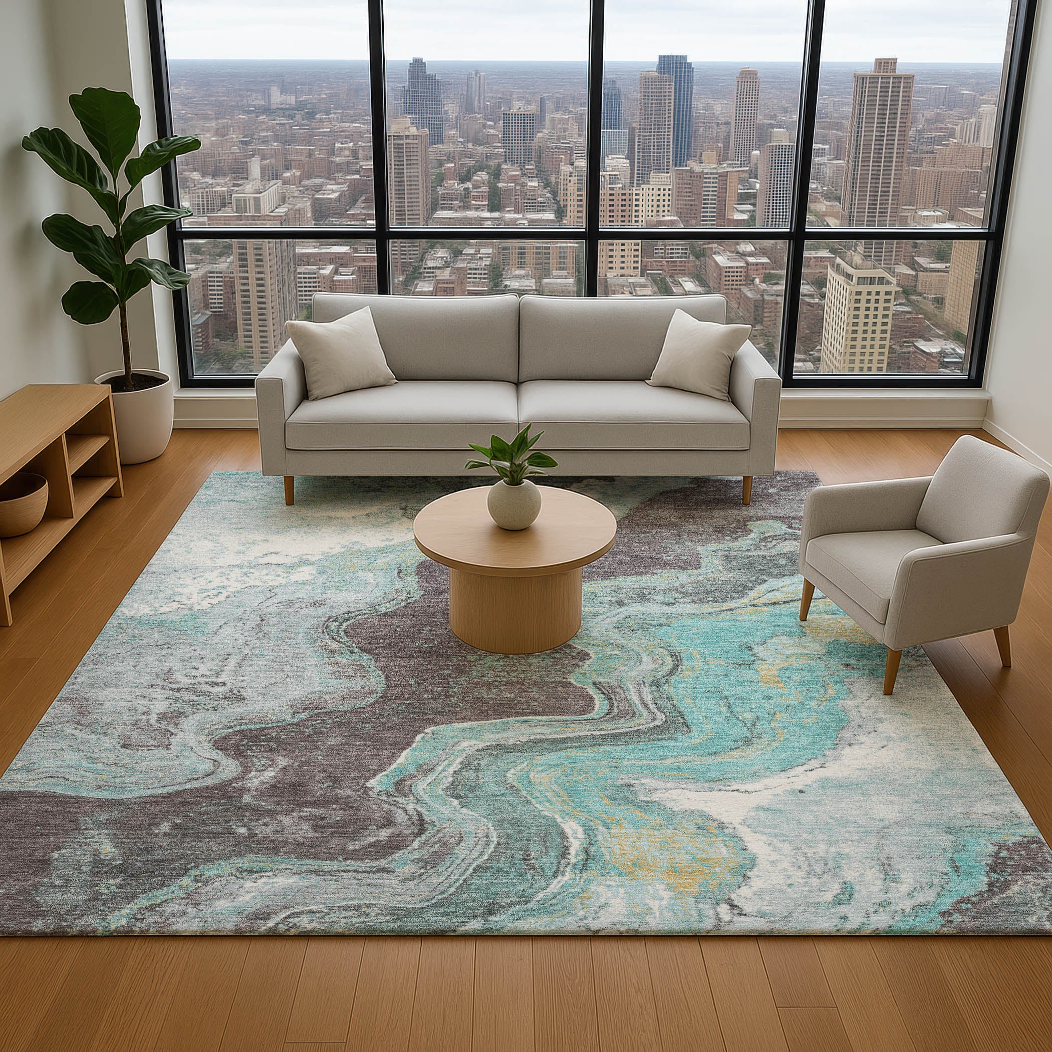 Hoi An Machine Washable Transitional Teal Rug 2'6" x 3'10" #shape_Rectangle