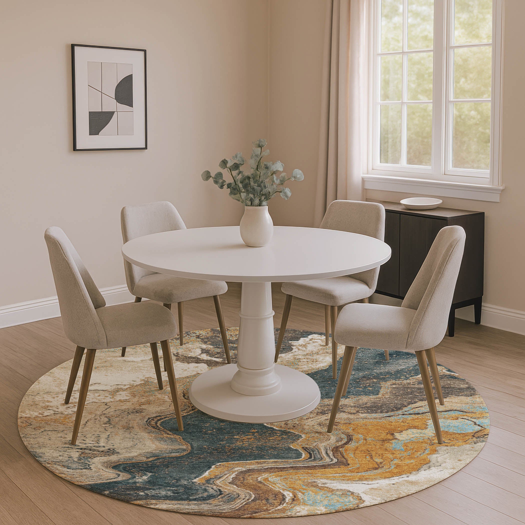 Hoi An Machine Washable Transitional Wheat Gold Rug 8' x 8' #shape_Round
