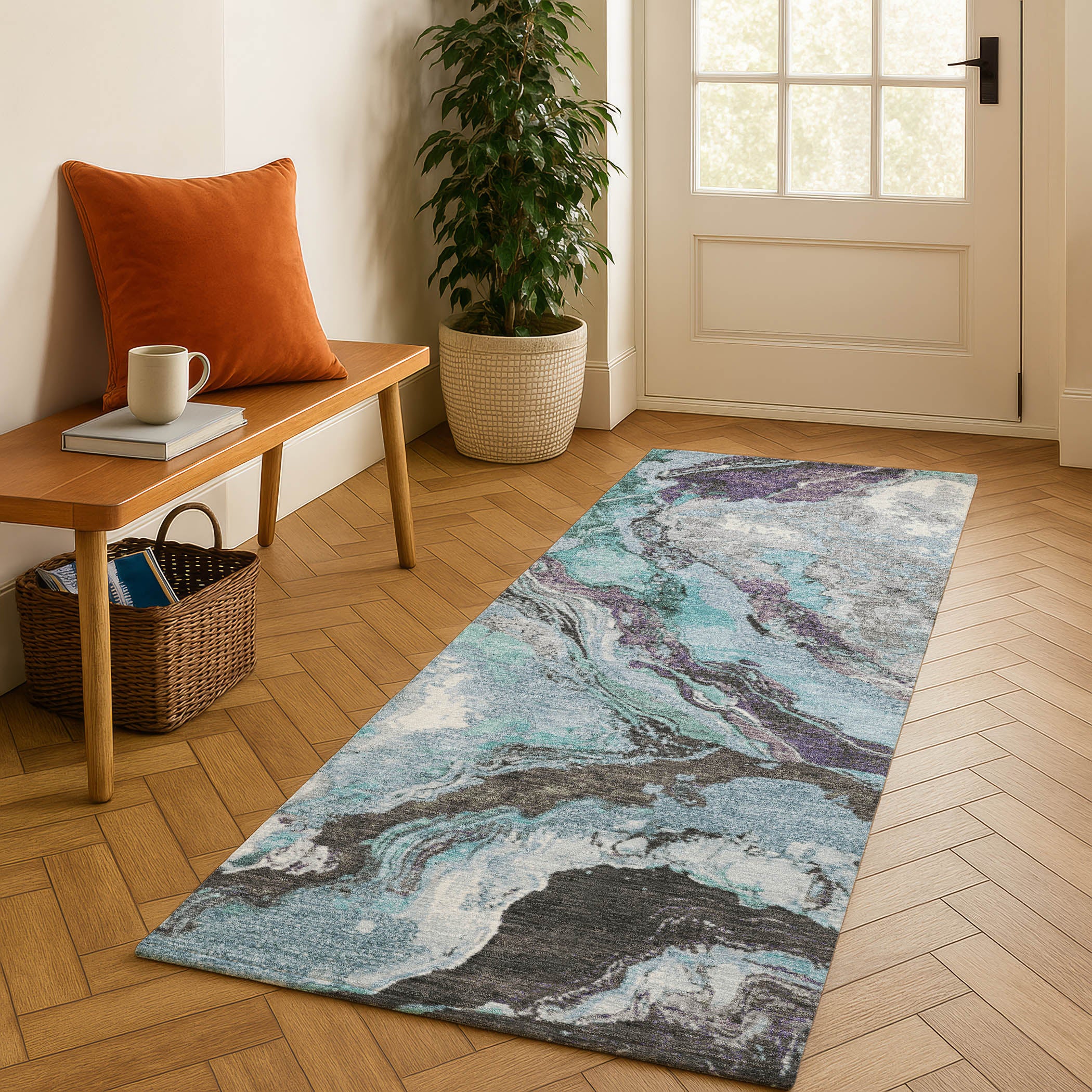 Bern Machine Washable Transitional Teal Rug 2'3" x 7'6" #shape_Runner
