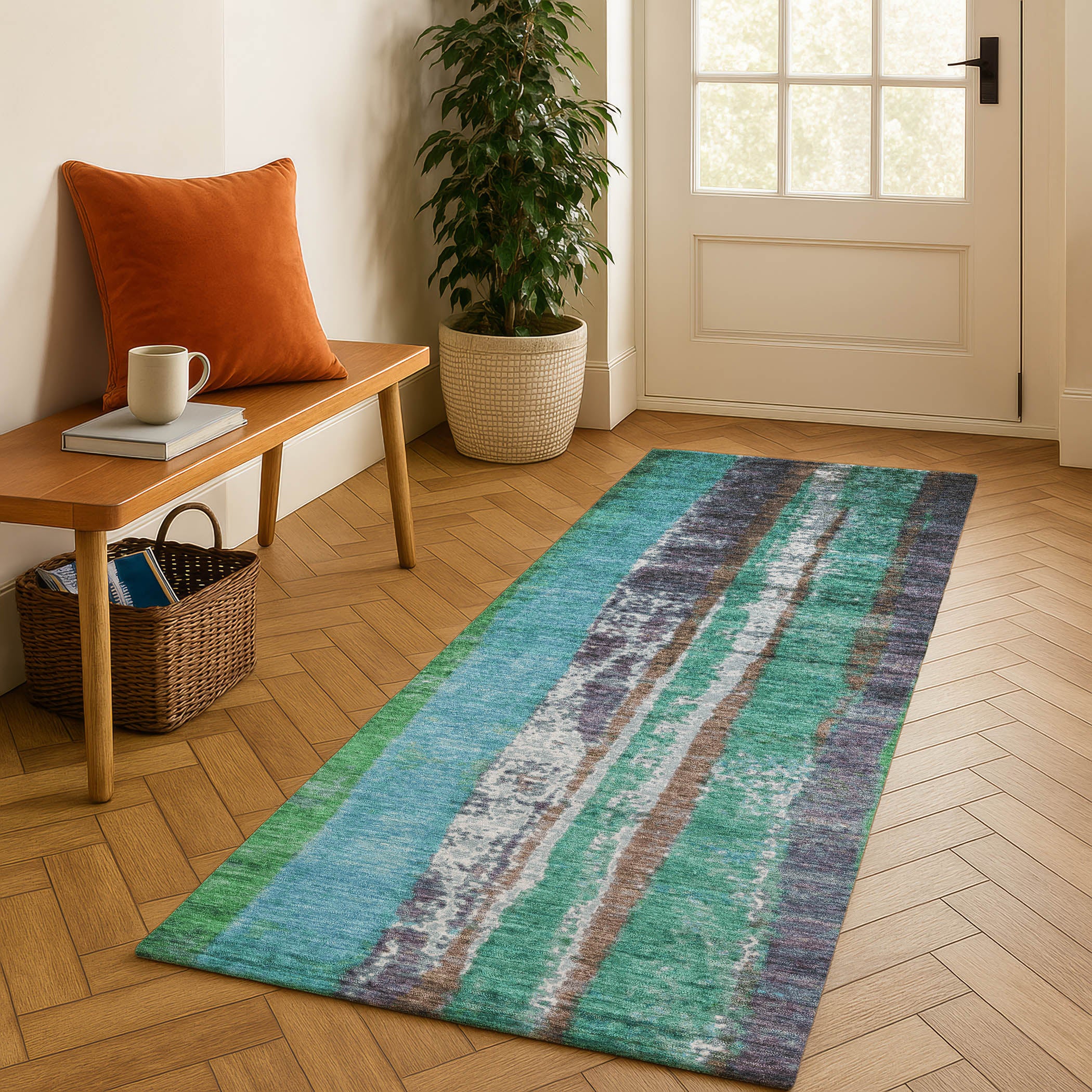 Oslo Machine Washable Transitional Teal Rug 2'3" x 7'6" #shape_Runner