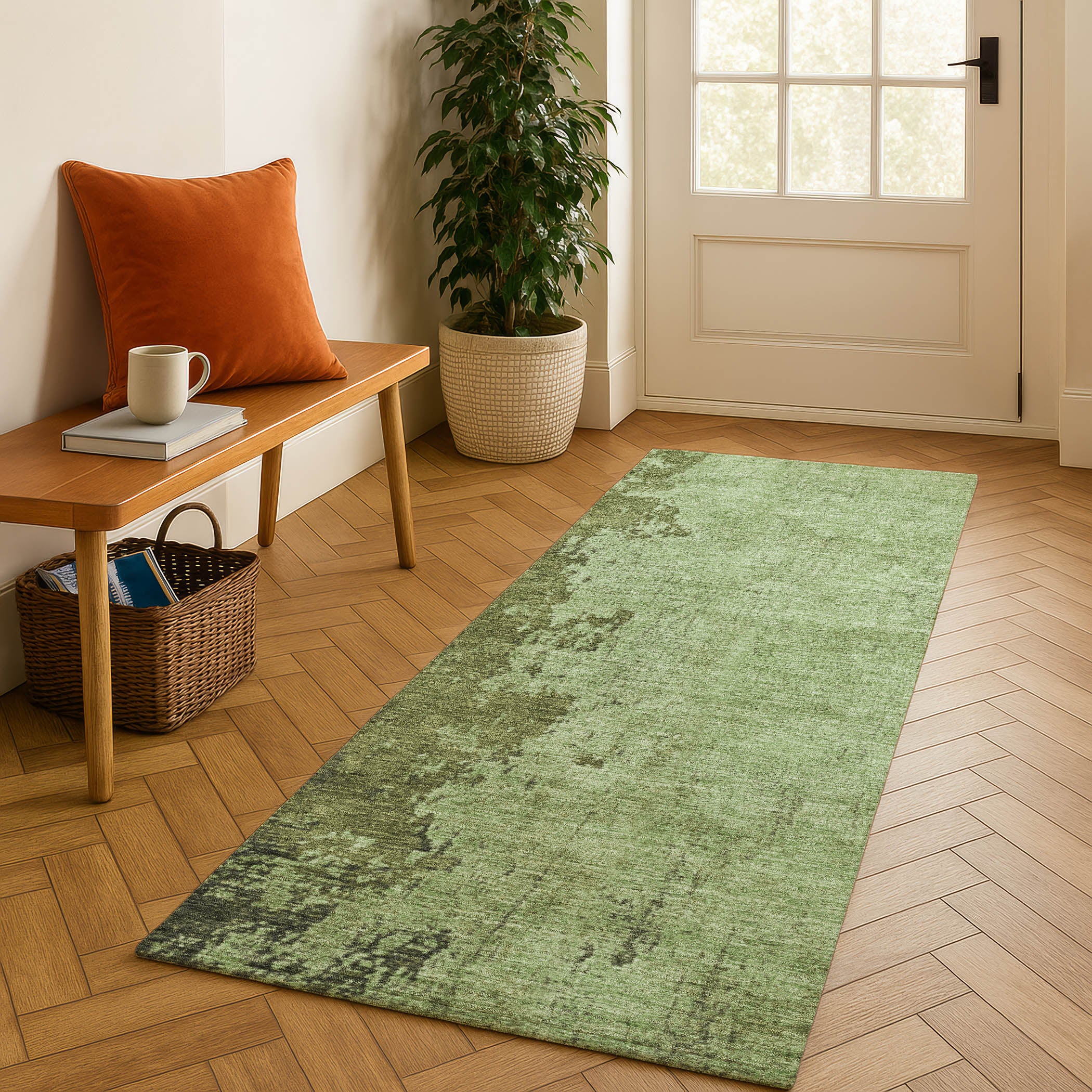 Kotor Machine Washable Transitional Aloe Green Rug 2'3" x 7'6" #shape_Runner
