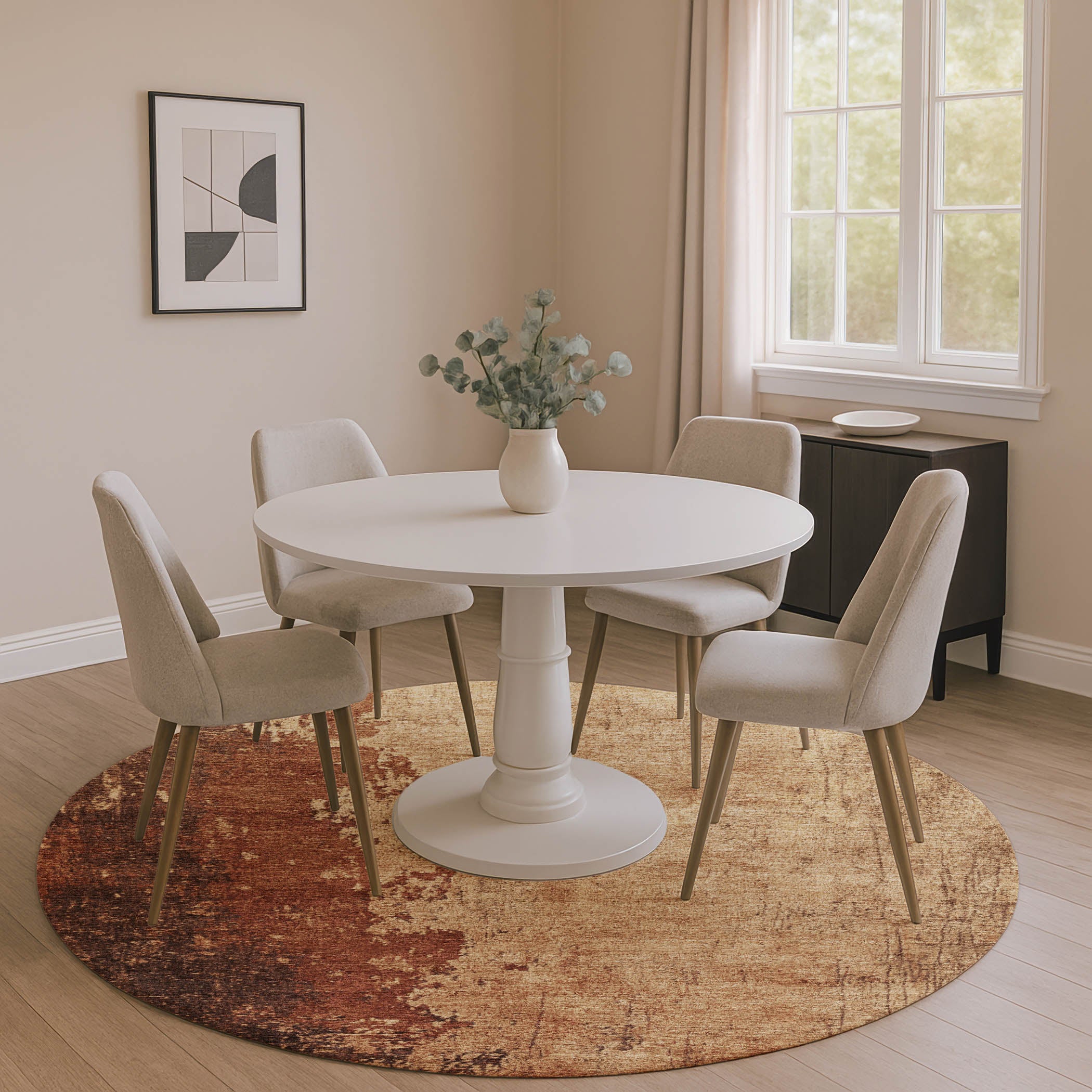 Kotor Machine Washable Transitional Tan Brown Rug 8' x 8' #shape_Round