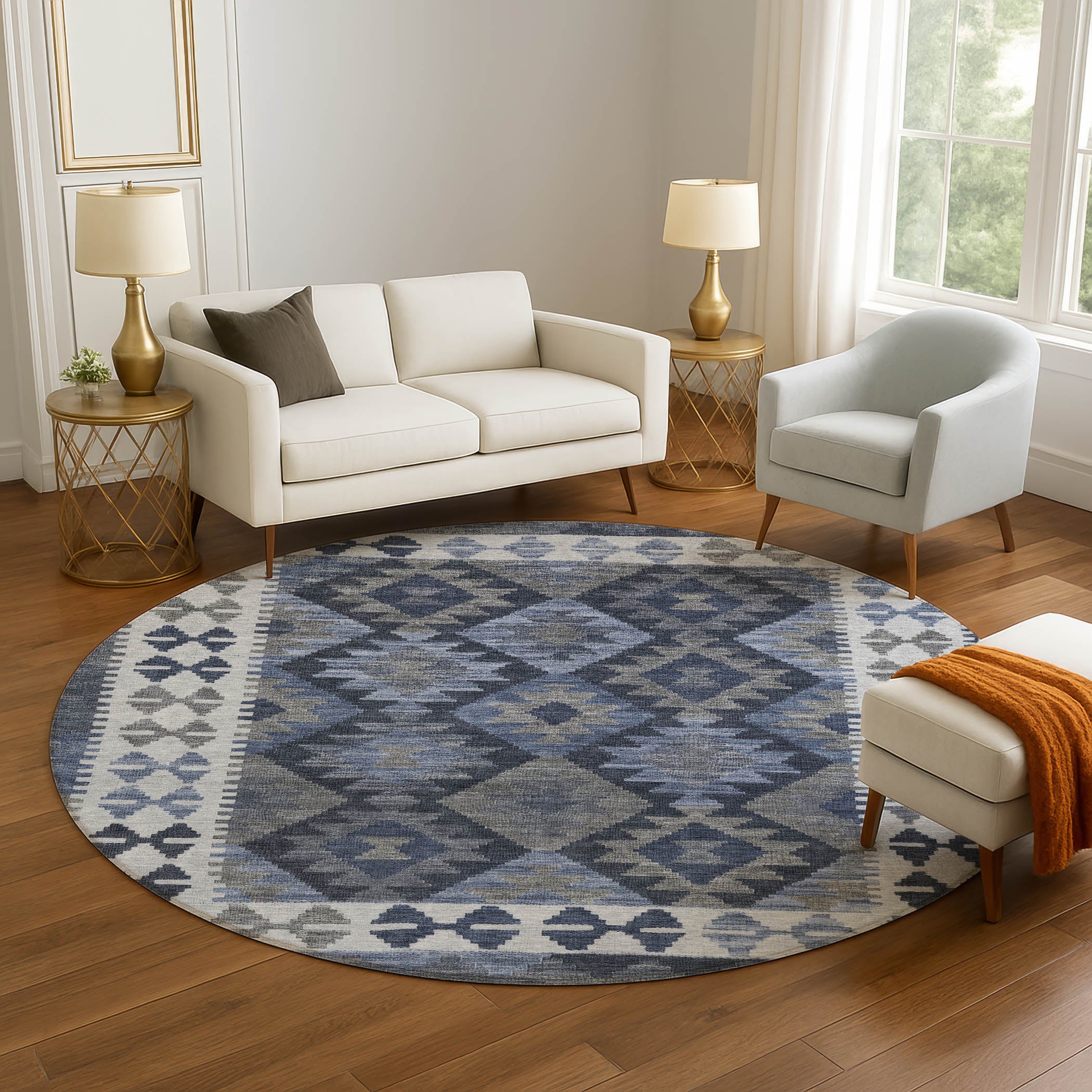 Chiang Mai Machine Washable Transitional Navy Blue Rug 8' x 8' #shape_Round