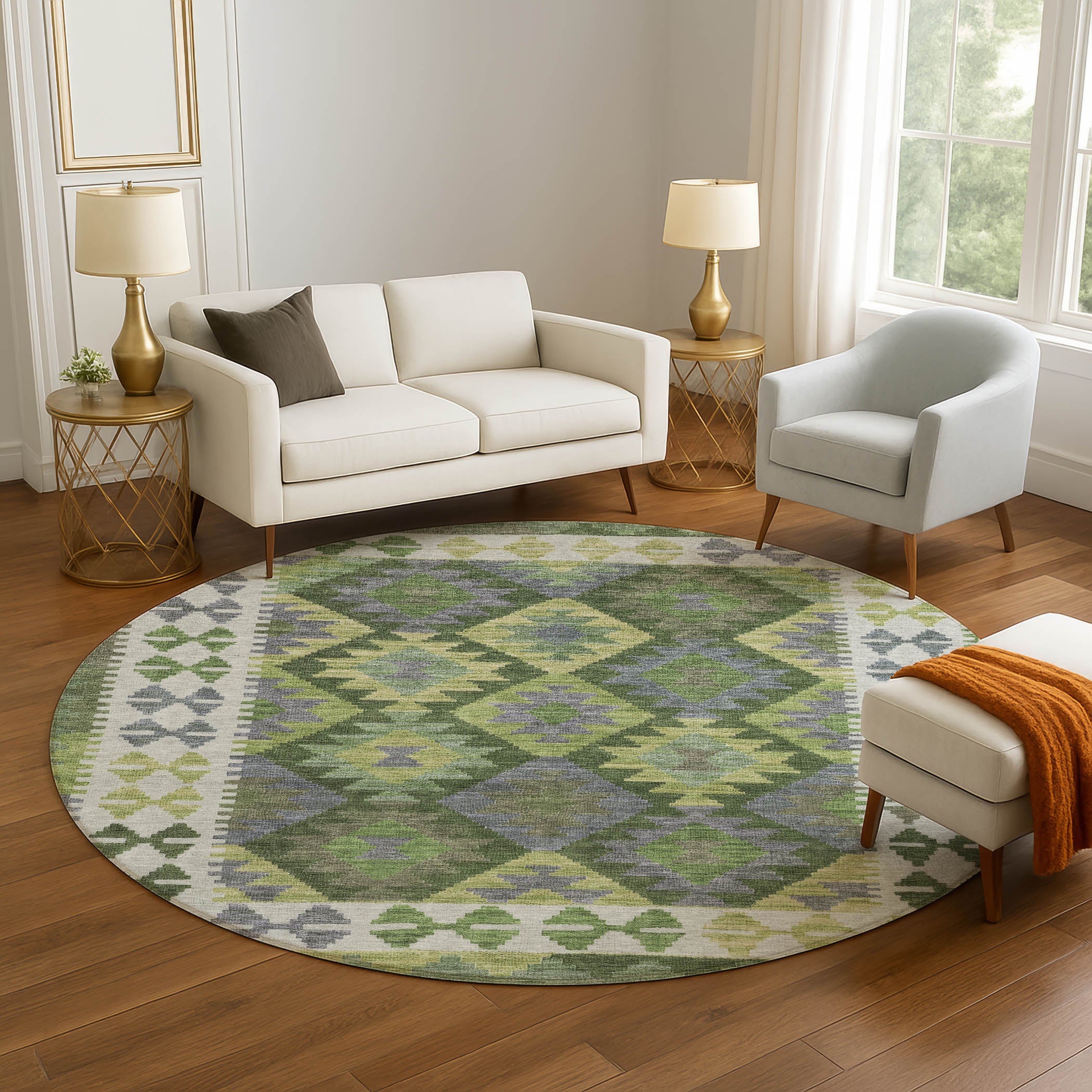 Chiang Mai Machine Washable Transitional Olive Green Rug 8' x 8' #shape_Round