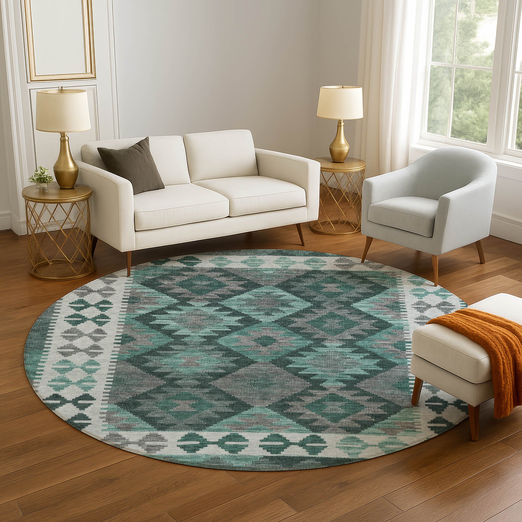 Chiang Mai Machine Washable Transitional Seafoam Blue Rug 8' x 8' #shape_Round