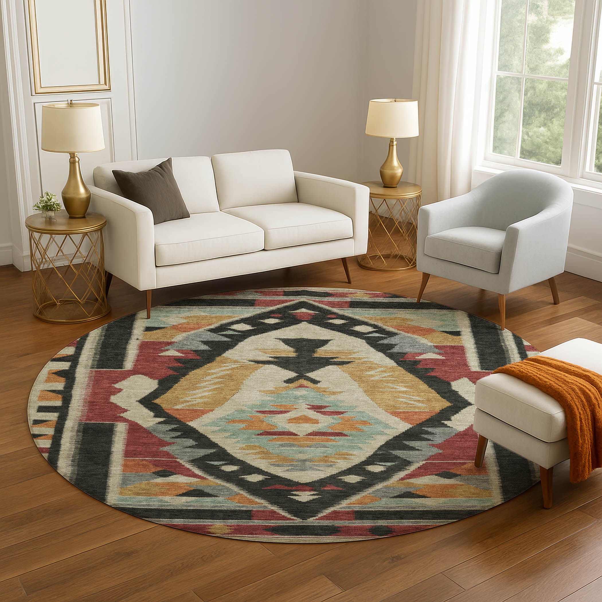 Queenstown Machine Washable Transitional Red Rug 8' x 8' #shape_Round