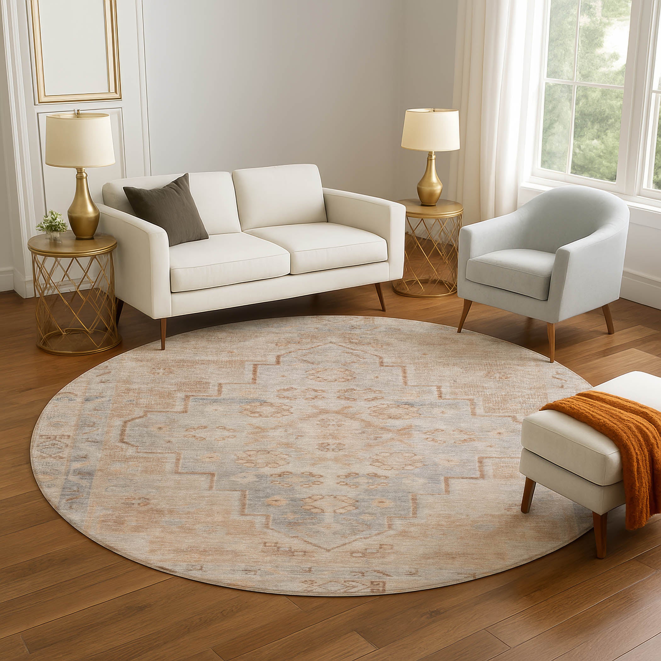 Zanzibar Machine Washable Transitional Copper Orange Rug 8' x 8' #shape_Round