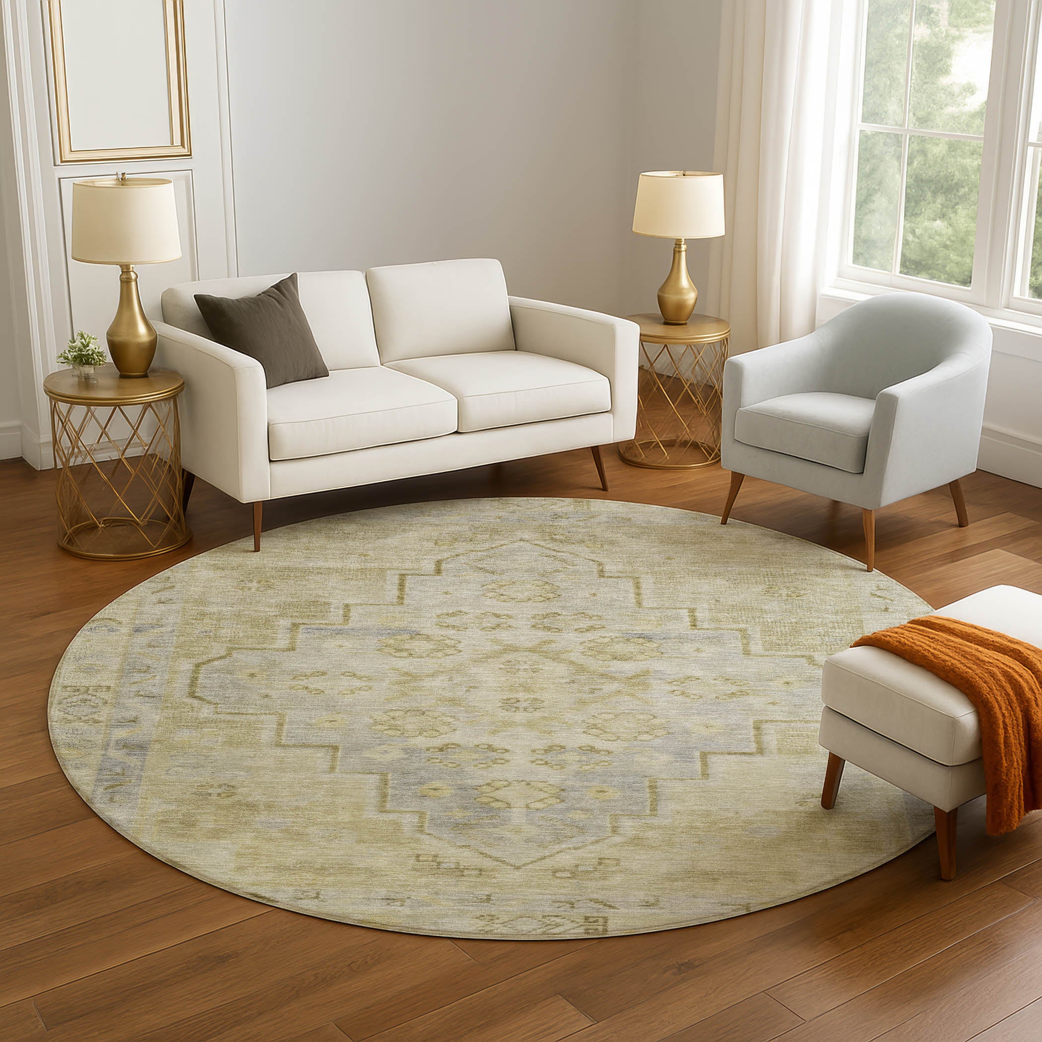Zanzibar Machine Washable Transitional Gold Rug 8' x 8' #shape_Round