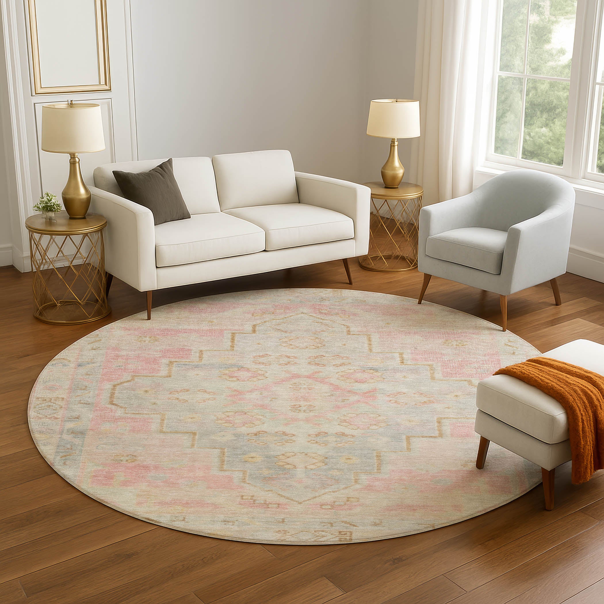 Zanzibar Machine Washable Transitional Pink Rug 8' x 8' #shape_Round