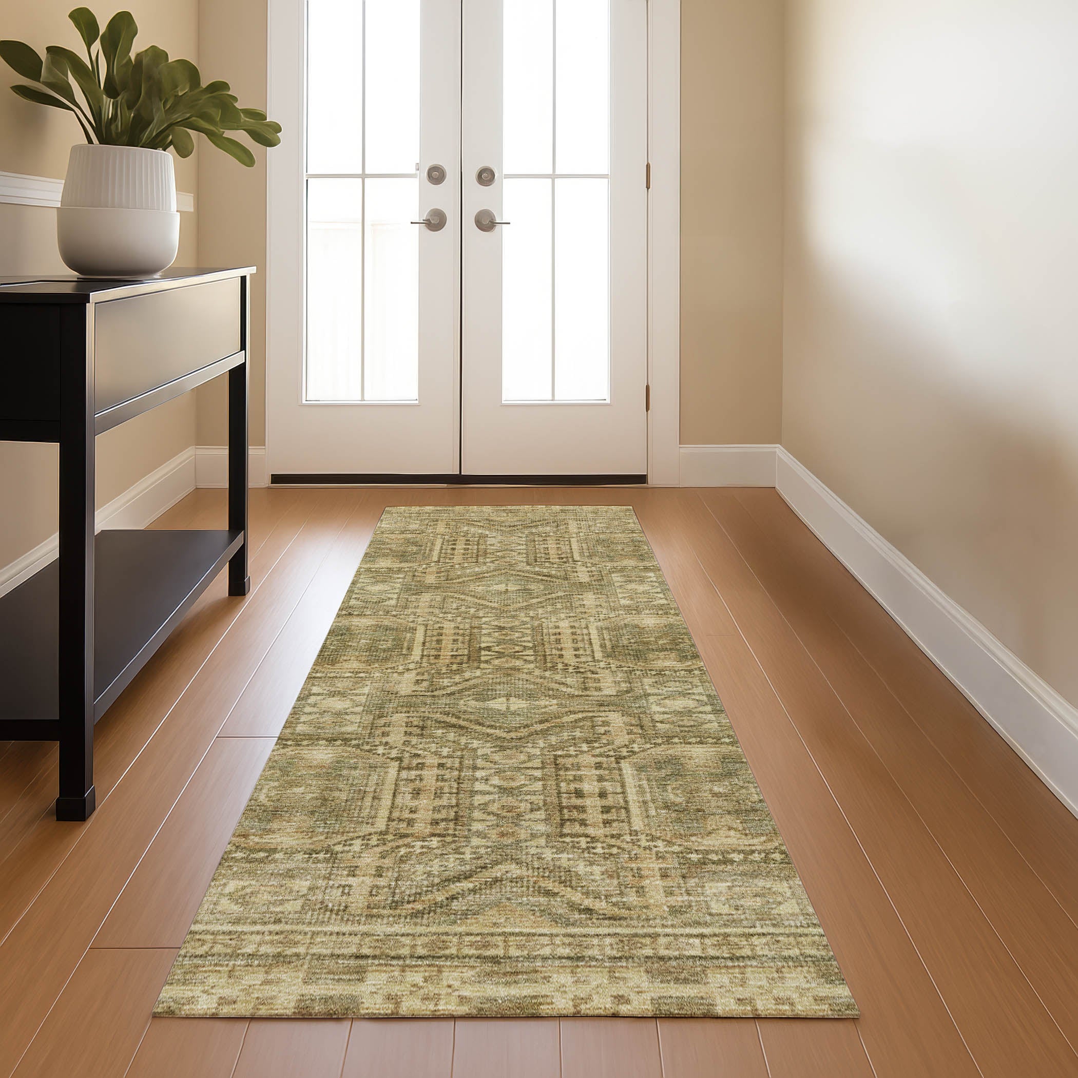Porto Machine Washable Transitional Khaki Brown Rug 2'3" x 7'6" #shape_Runner