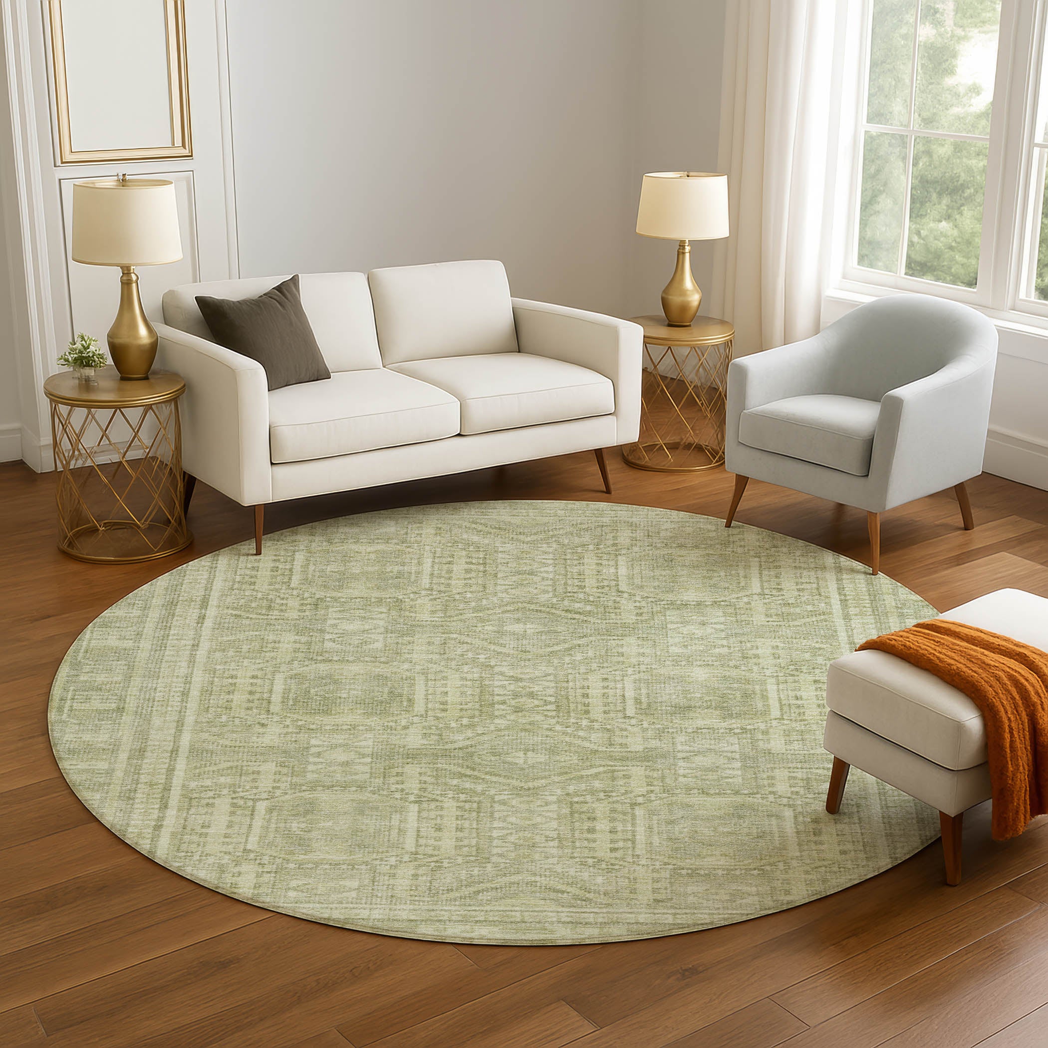 Porto Machine Washable Transitional Sage Green Rug 8' x 8' #shape_Round